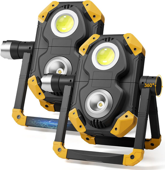 Samyoung 2 Pack Magnetic 2500 LM LED Work Light, 10 Hours Long Lasting 360°Rotating 7000K Warm Rechargeable Work Light Folding Waterproof for Job Site Car Inspection Camping Emergency