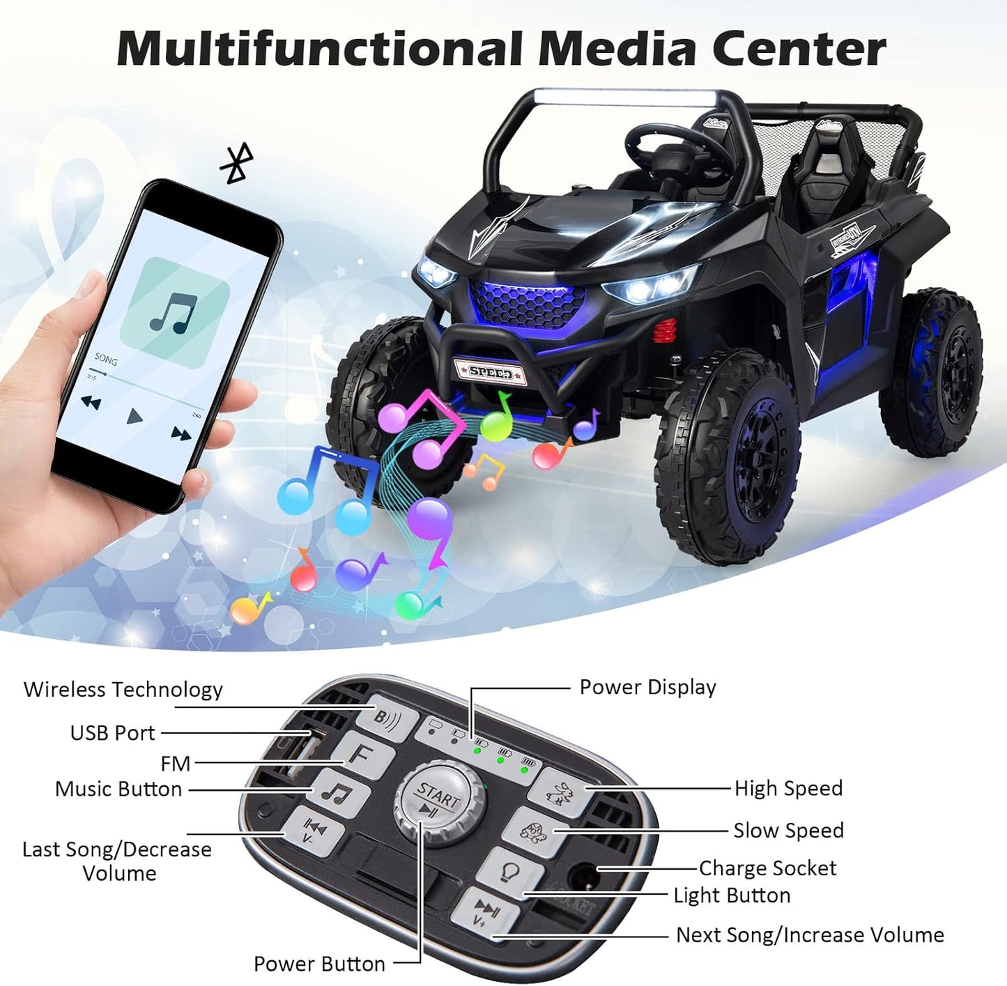Costzon 2-Seater Ride on Car for Kids, 12V Kids' Electric Vehicles w/Remote Control, 4 Shock Absorbers, Wireless Music & FM, 3 Speeds, Ambiance Lights, Electric UTV, Kid Car Toy for Boys, Girls(Black)