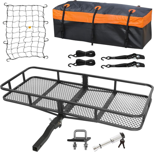 WEIZE Folding Hitch Mount Cargo Carrier 60" x 20" x 6", 500 lbs Capacity Hitch Cargo Rack with Waterproof Bag, Hitch Stabilizer,Net and Straps for SUV Pickup Camping Traveling