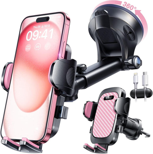 YRU [True Military-Grade 360 Degrees Rotatable Suction] 2025 Ultimate Car Phone Holder Mount 90+LBS Safest Strongest Patent Certs Dashboard Windshield Vent for iPhone 16 15 Pro Max Samsung Light Pink