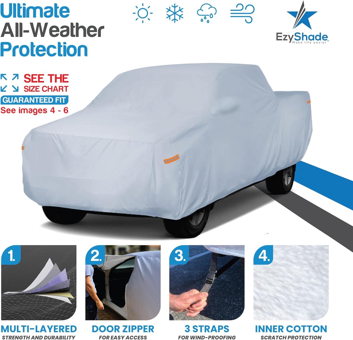 EzyShade 10-Layer Truck Cover Waterproof All Weather. See Vehicle Size-Chart for Accurate Fit. Full Outdoor Pickup Truck Covers for Silverado F150 RAM 1500. Sun Wind Rain. Size T4 (See SizeChart)