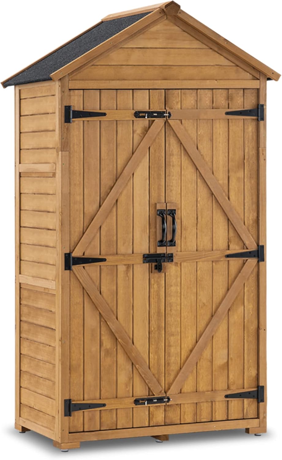 MCombo Outdoor Storage Cabinet with 2 Shelves, Outside Storage Shed with Floor, Wooden Garden Tool Shed with Latch for Yard Deck Lawn, 1000