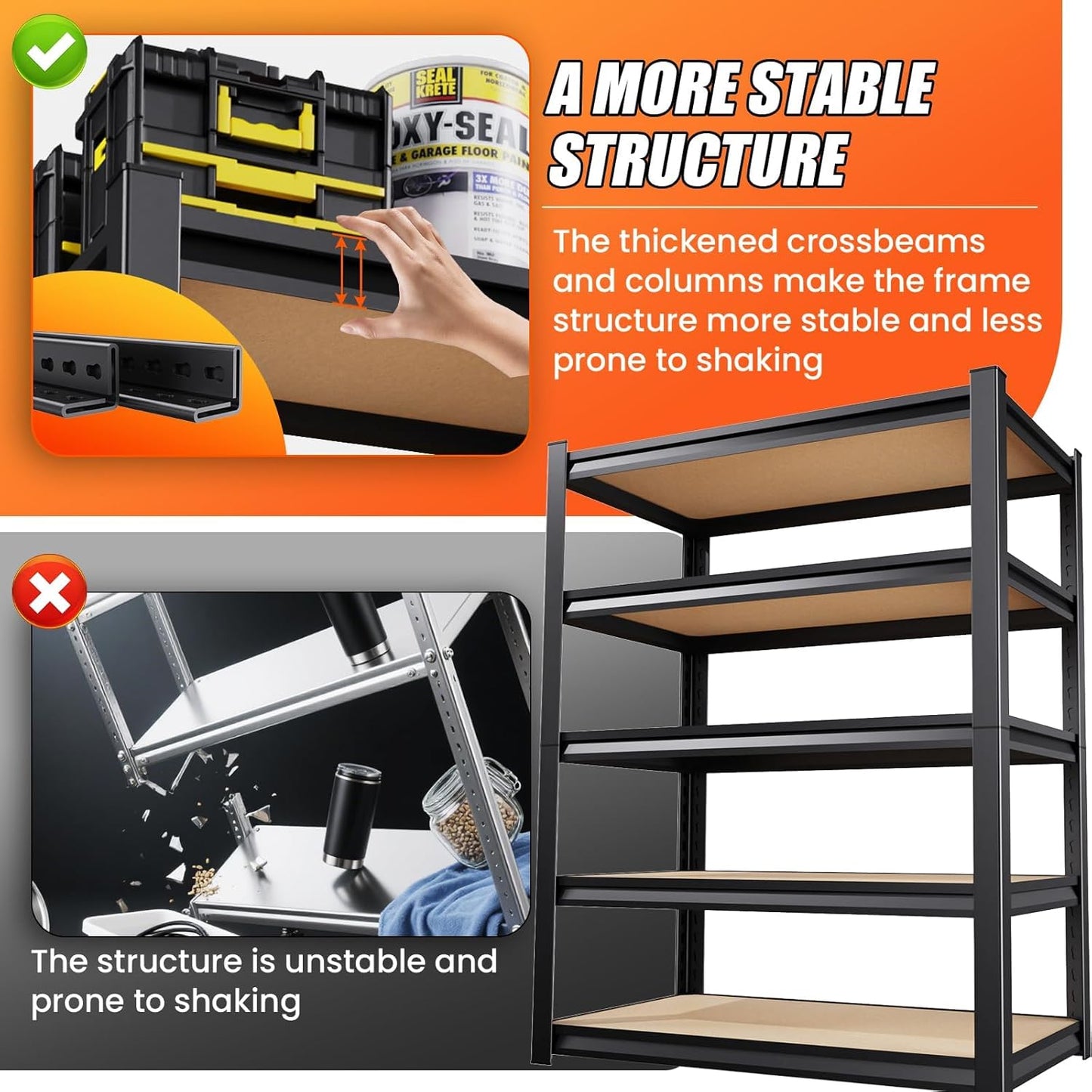 72" H*46'' Storage Shelves 2500lbs Garage Shelving Adjustable Heavy Duty Garage Shelves Easy To Install Metal Shelving Wood Shelving Unit Storage Shelf for Basement Warehouse Industrial Pantry, 2 Pack