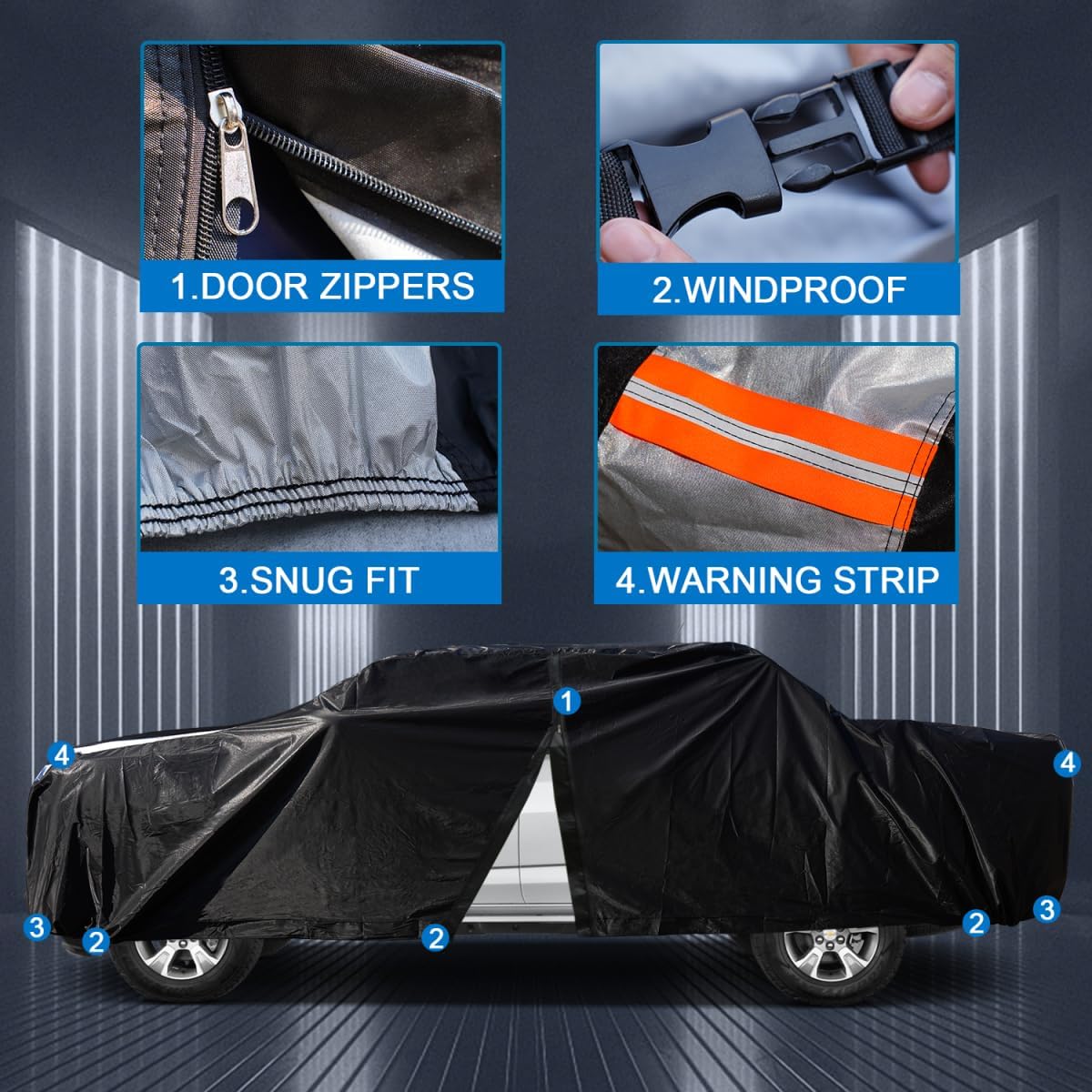 Dodge Ram 1500 Truck Cover Custom Fit 2009-2025 Crew Cab SB (5.75') with Door Zipper, 12 Layers Full Exterior Pickup Truck Cover Waterproof All Weather, for Wind Dust Sun and UV Protection.