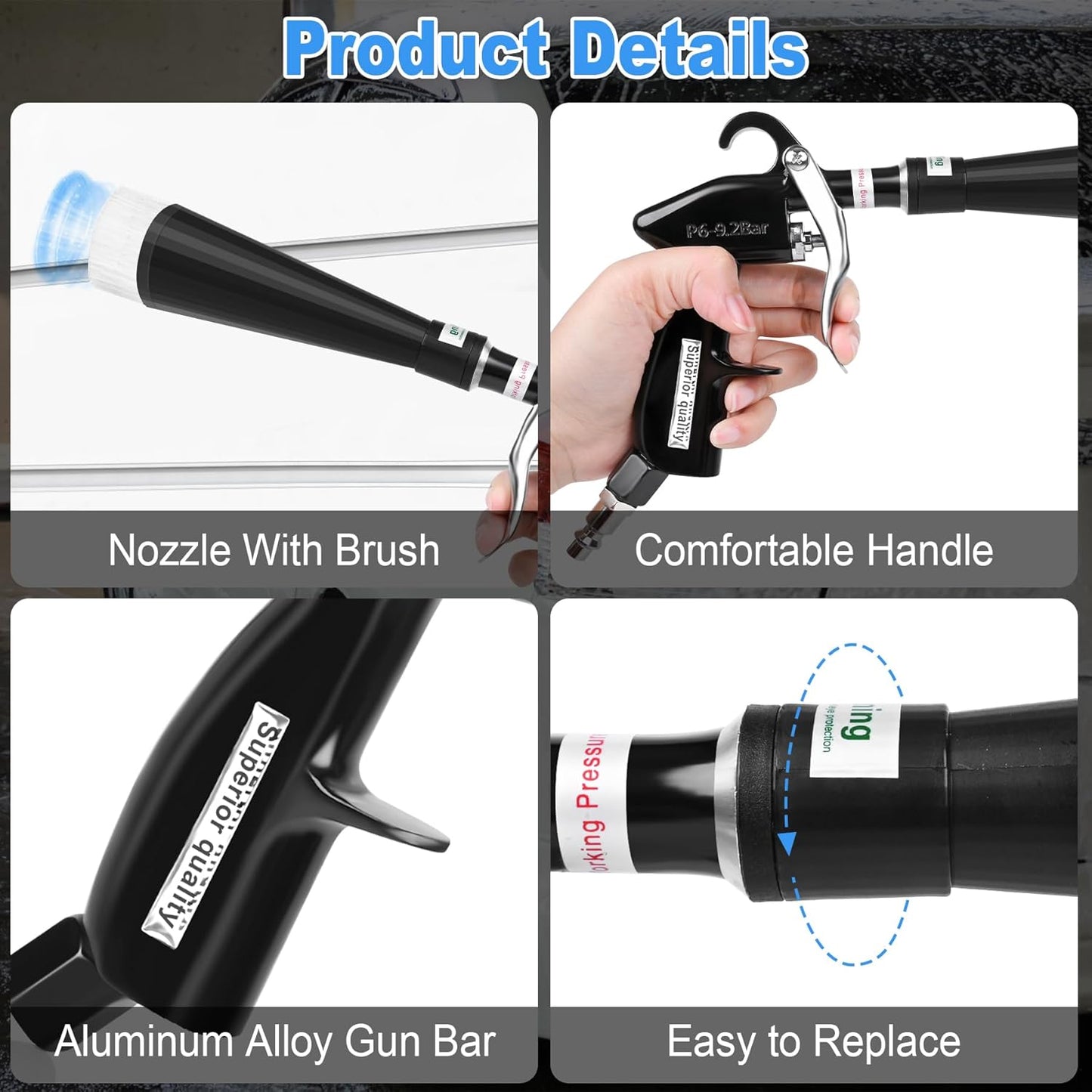 Air Blow Gun Car Detailing Dry Cleaning Gun High Pressure Cleaning Tool, Dryer Blower for Car Surfaces Quickly Blasts Dust, Works with Air Compressor (Black, 2 Set Nozzle)