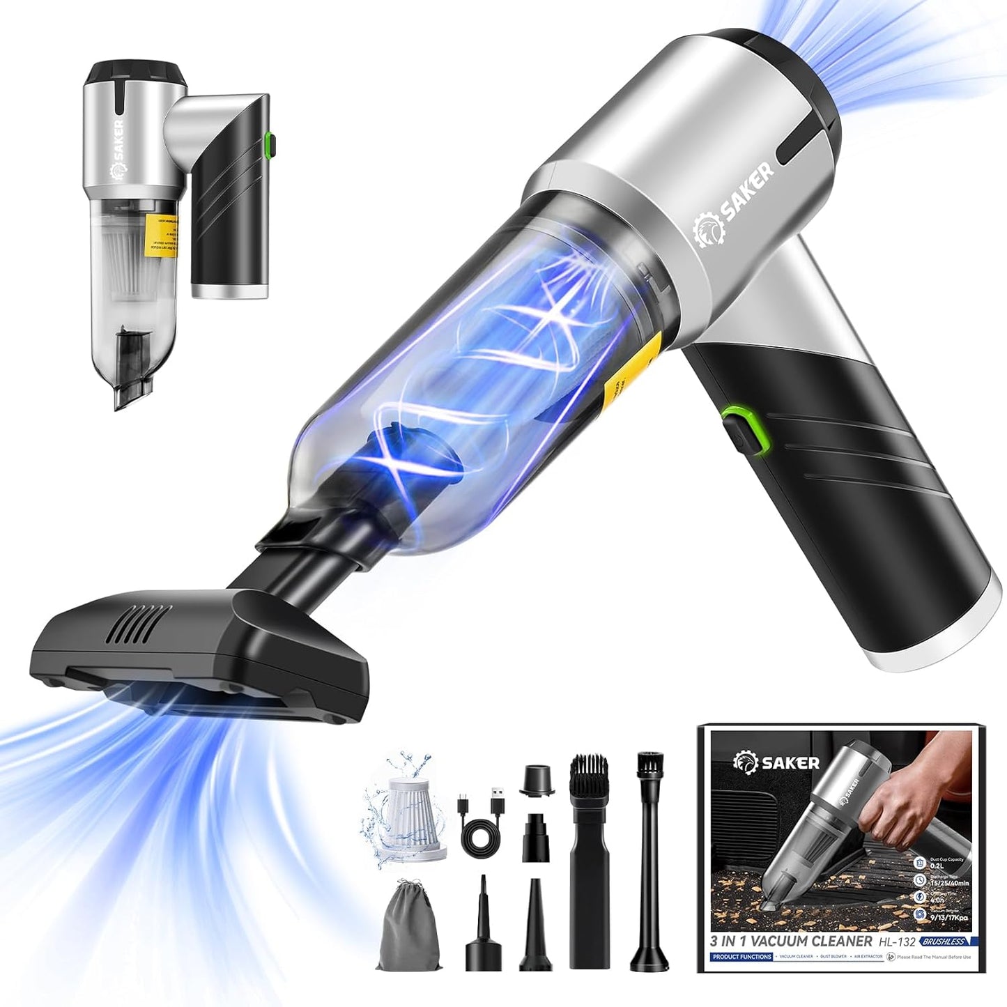 Saker Handheld Car Vacuum Portable Cordless17000PA Mini Vacuums Rechargeable Foldable Vacuum Cleaner with Brushless Motor for Gifts Home,Office Pet HL132 Black