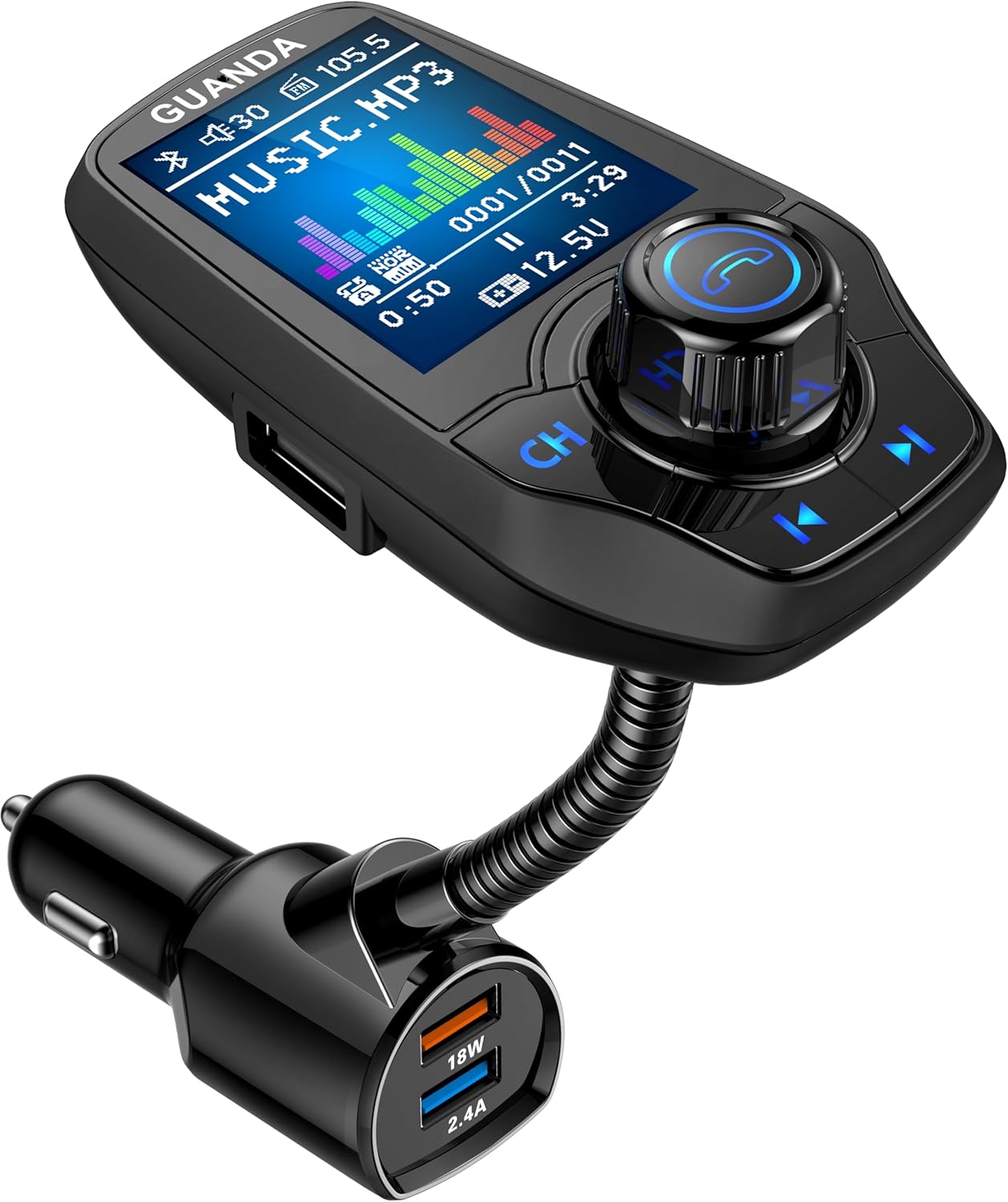 Upgraded Bluetooth FM Transmitter for Car, Wireless Radio Adapter Kit W 1.8" Color Display Hands-Free Call AUX in/Out SD/TF Card USB Fast Charge 18W for All Smartphones Audio Players - Matte Black