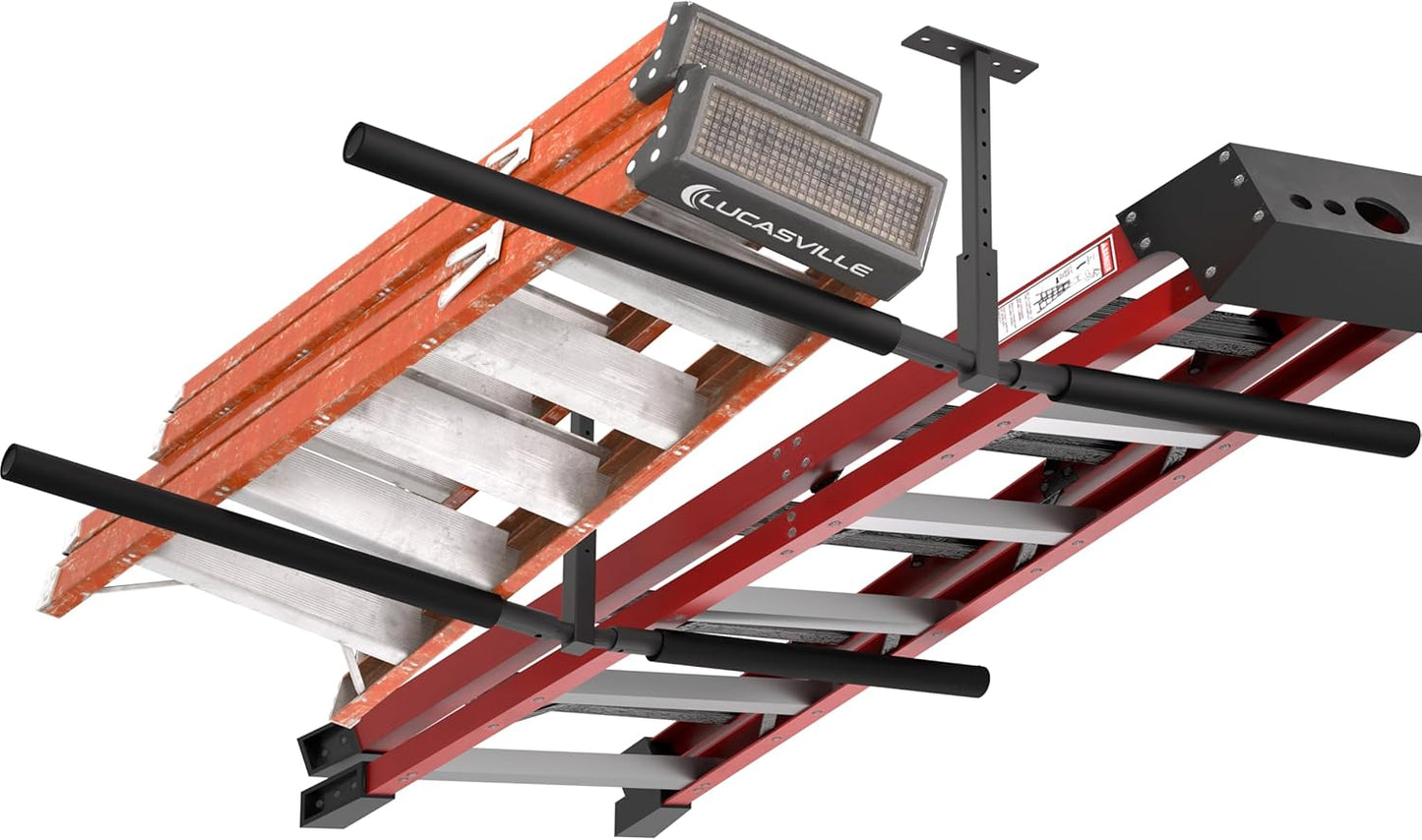 Double Kayak/Ladder Ceiling Storage Rack, Hi Port 2 Ladder Hanger Overhead Garage Kayak Ladder Rack, Holds 200 lbs, Adjustable Height Design, Black