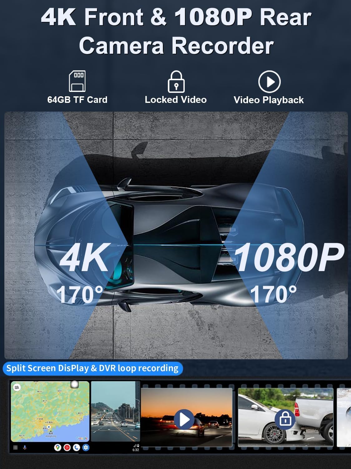 Apple Carplay Screen for Car, 10.26’’ Wireless CarPlay & Android Auto Screen with 4K Dash Cam, 1080P Backup Camera, Car Play Audio Receivers, GPS Navigation/Mirror Link/Bluetooth/FM/Voice Control