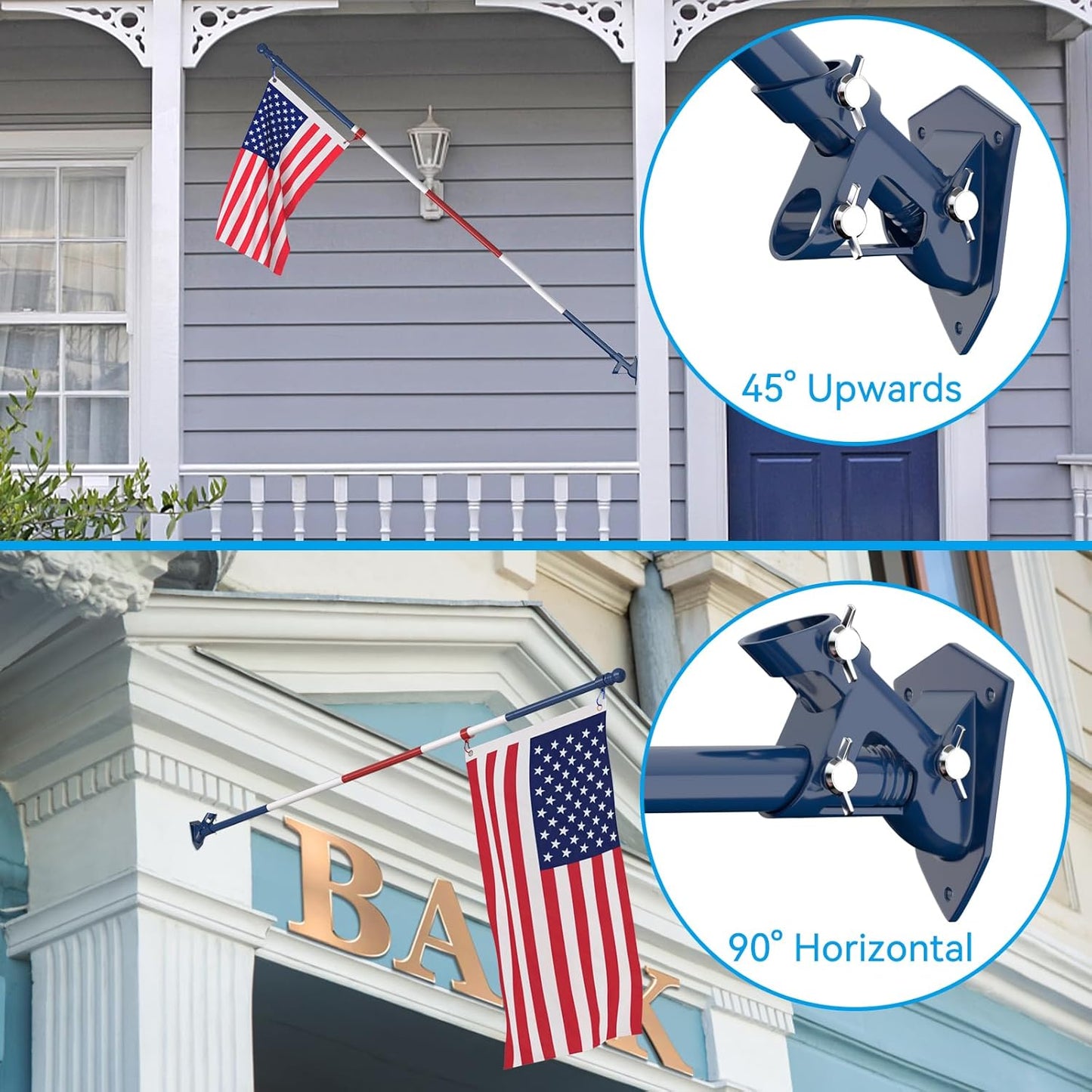 ZMTECH Flag Pole - Upgraded Bracket,(2 Packs) 6 FT Stainless Steel Flag Poles for Outside House, Residential or Commerical, Tangle Free Flag Pole Kit (Without Flag, Blue&White&Red)