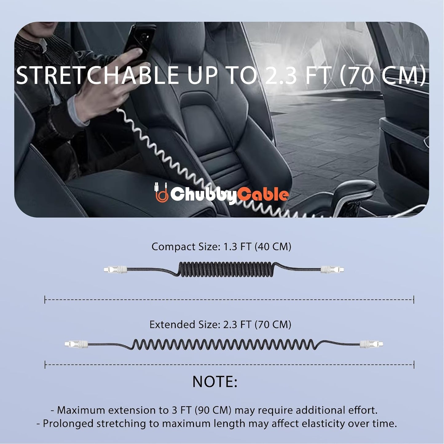 chubbycable Curly Chubby - Retractable Fast Charging Cable 240W Coiled Charger Cord for Car Durable USB-C Cable for Phones, Tablets and More, Orange+Orange, USB-A to Type-C, 1.3FT-2.3FT