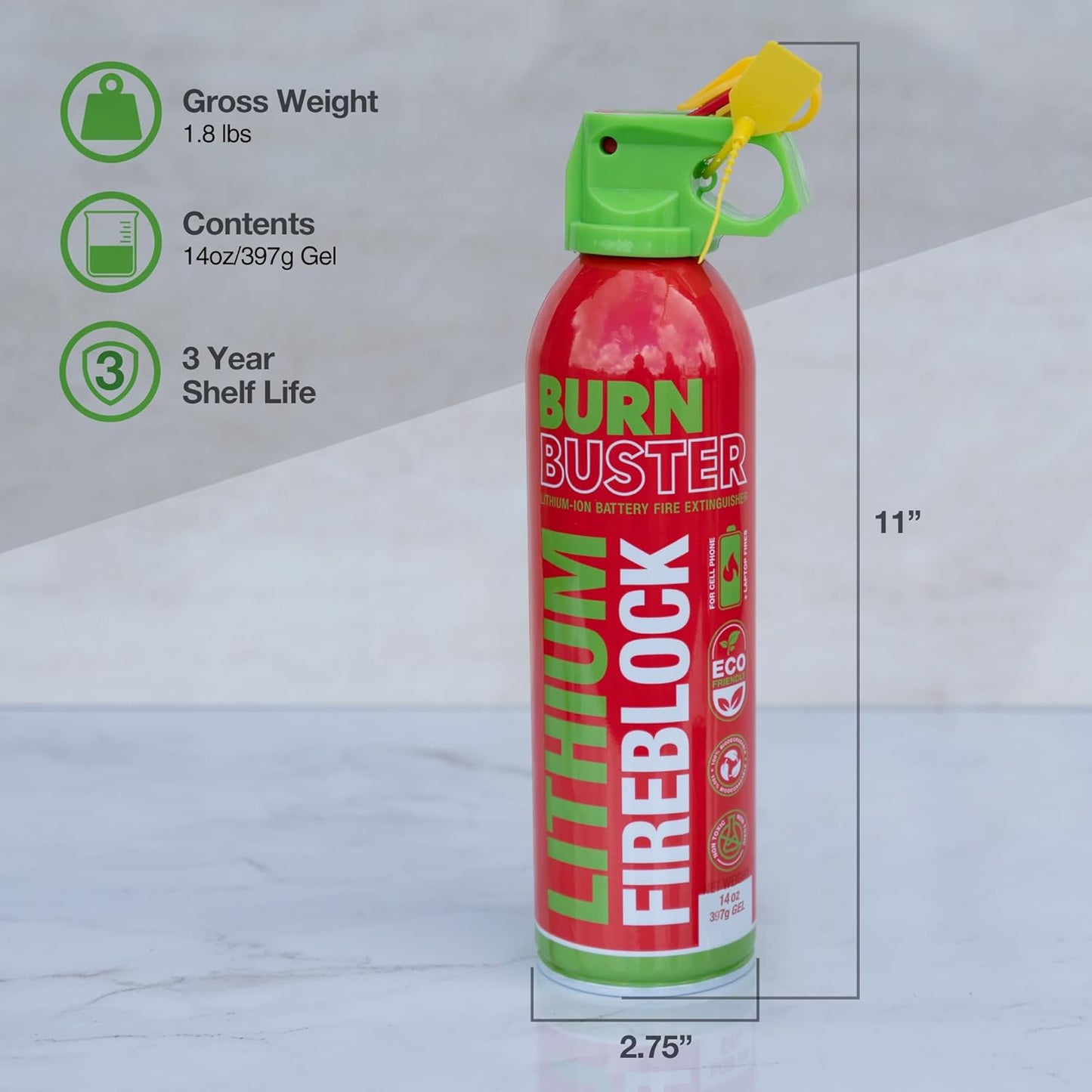 Lithium-Ion Fire Extinguishing Gel - Battery Fire Suppression Gel for Electronics, Stops Thermal Runaway, Non-Toxic, Eco-Friendly, 14oz Canister, Made in USA