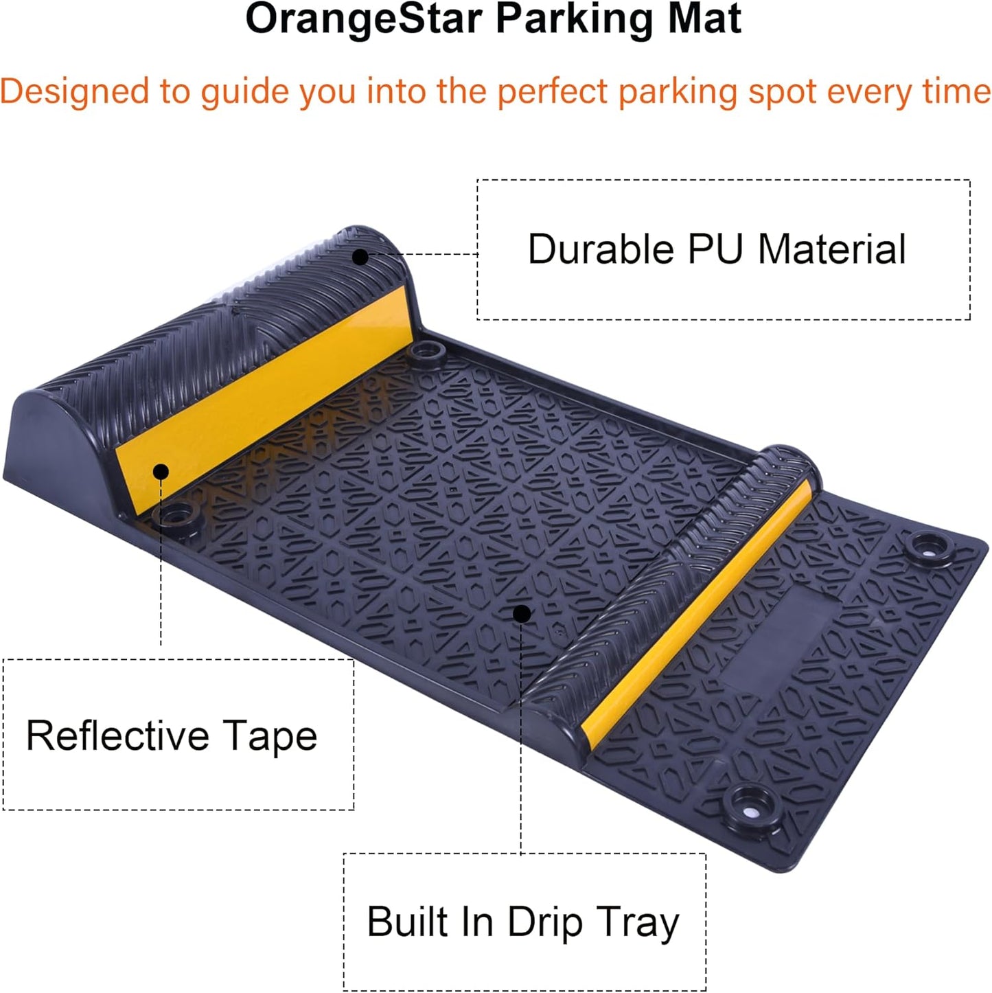 OrangeStar 8 Pack Parking Guide Mat, 21” Heavy Duty PU Wheel Stopper w/Reflective Stripe for Garage Vehicles, Indoor/Outdoor Use, Black