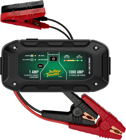 Battery Tender Charge N Start 1100 - Smart 12V/1 AMP Battery Charger and 1000 AMP Jump Starter Combo | 2-in-1 Battery Maintainer for Cars, Motorcycles, ATVs (USA Engineered)