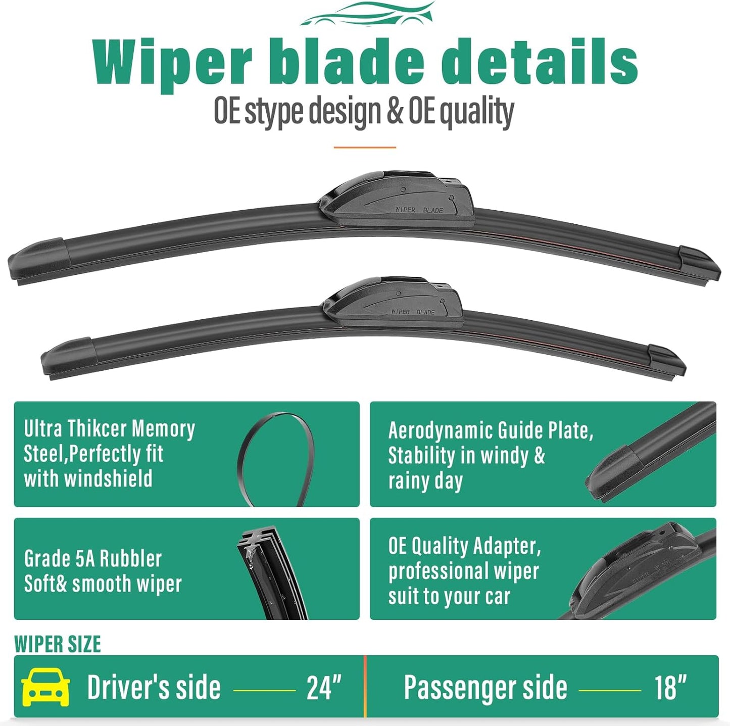 24" 18" 12" Windshield Wiper Blades Replacement for 2014 2015 2016 2017 2018 Mazda 3 Premium All Weather Front Rear Wipers Set - OEM Quality (Pack of 3)