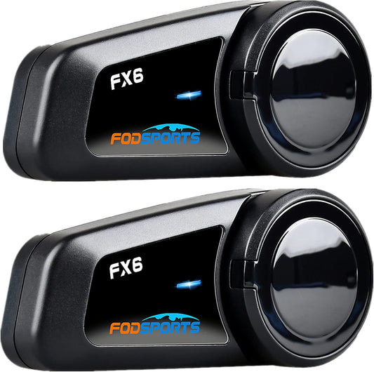 Fodsports FX6 Motorcycle Bluetooth Headset 2 Pack, 6 Riders Group Motorcycle Intercom Bluetooth, 1000M Motorbike Helmet Communication Systems/Voice Command/Universal Pairing/FM Radio
