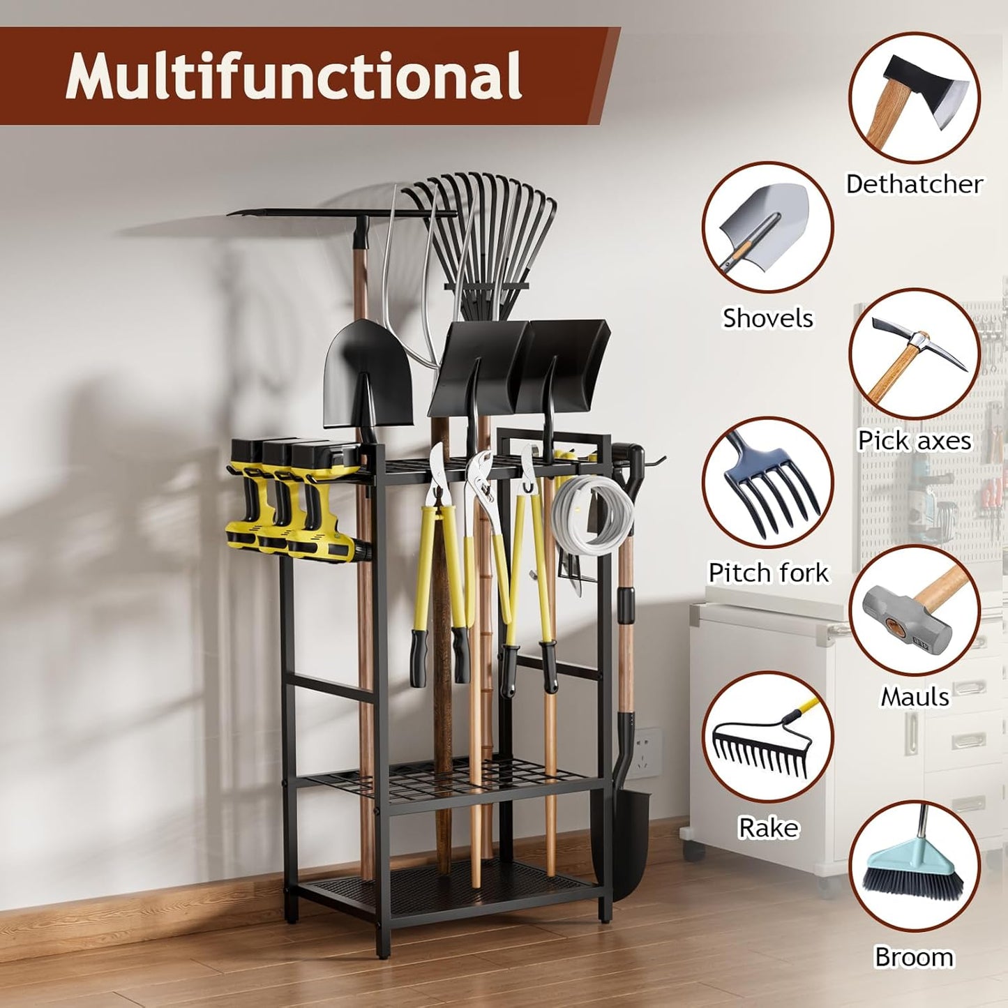 Garden Garage Tool Organizer - Yard Tool Organizer for Garage with 4 Hooks, Heavy duty Steel Garden Tool Rack Holds up to 48 Long Handled Yard tools for Storage