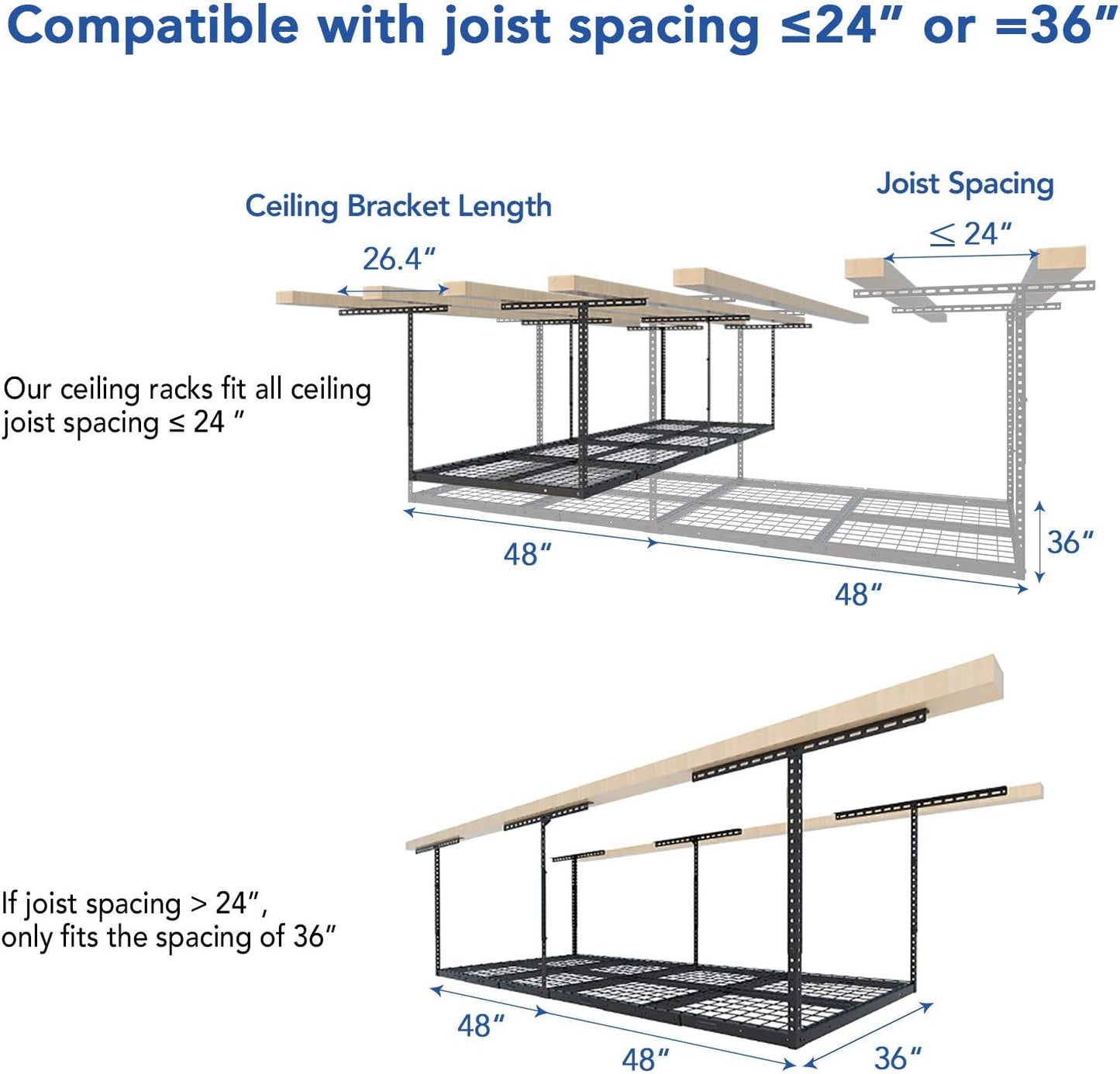FLEXIMOUNTS 3x8 Overhead Garage Ceiling Storage Rack, Adjustable Garage Organization System, Heavy Duty Metal, 600lbs Weight Capacity, Black
