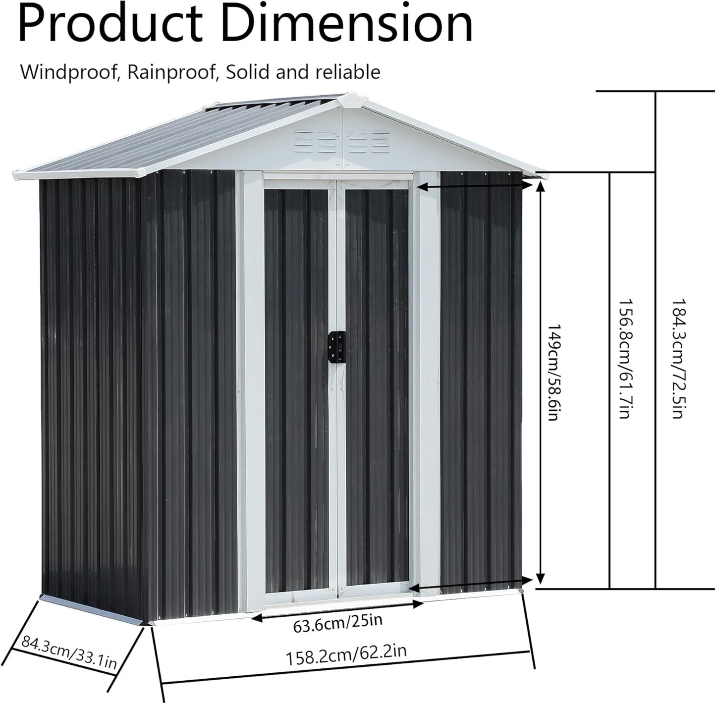 5x3 FT Outdoor Storage Shed, Metal Garden Shed with Lockable Sliding Doors, Small Outside Tool Shed with Sloped Roof & 4 Air Vents, Waterproof Storage Building for Backyard, Patio, Lawn, Gray