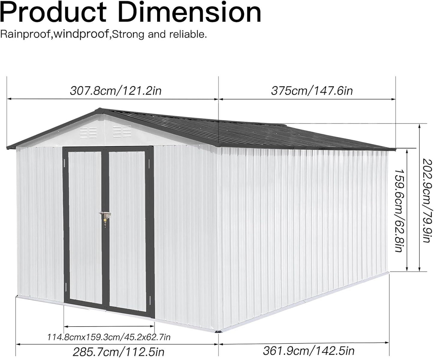 12 x 10 FT Metal Garden Shed, Outdoor Storage Shed with Heavy-Duty Steel Construction, Built-in Punched Vents & Hinged Door, Free Padlock for Secure Backyard, Patio & Garage Storage, White + Grey