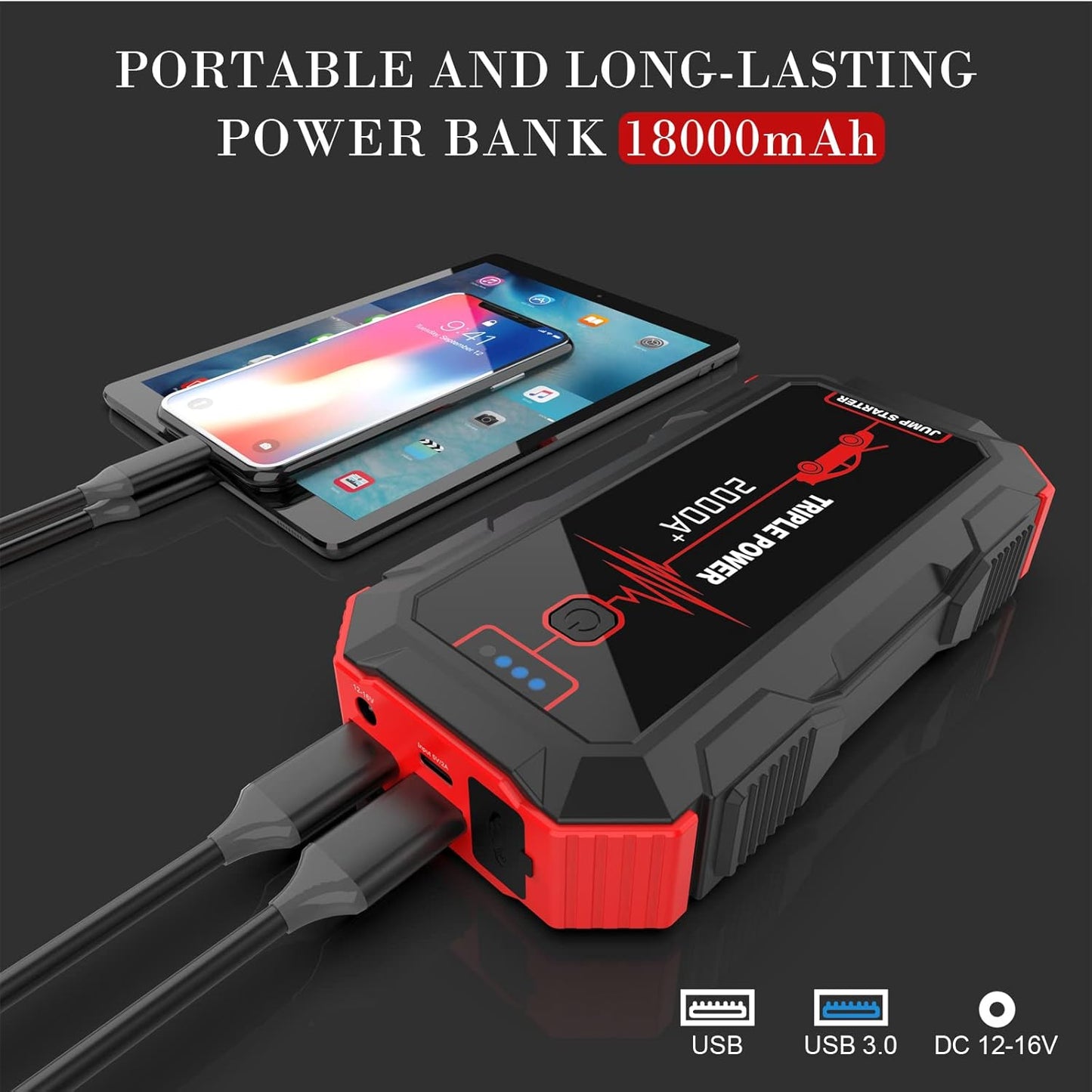 Car Jump Starter 2000A Peak (for up to 6.0L Gas or 4.0L Diesel Engine) 12V Car Battery Booster Pack, Portable Battery Starter, Power Bank Charger with Built-in LED Bright Light