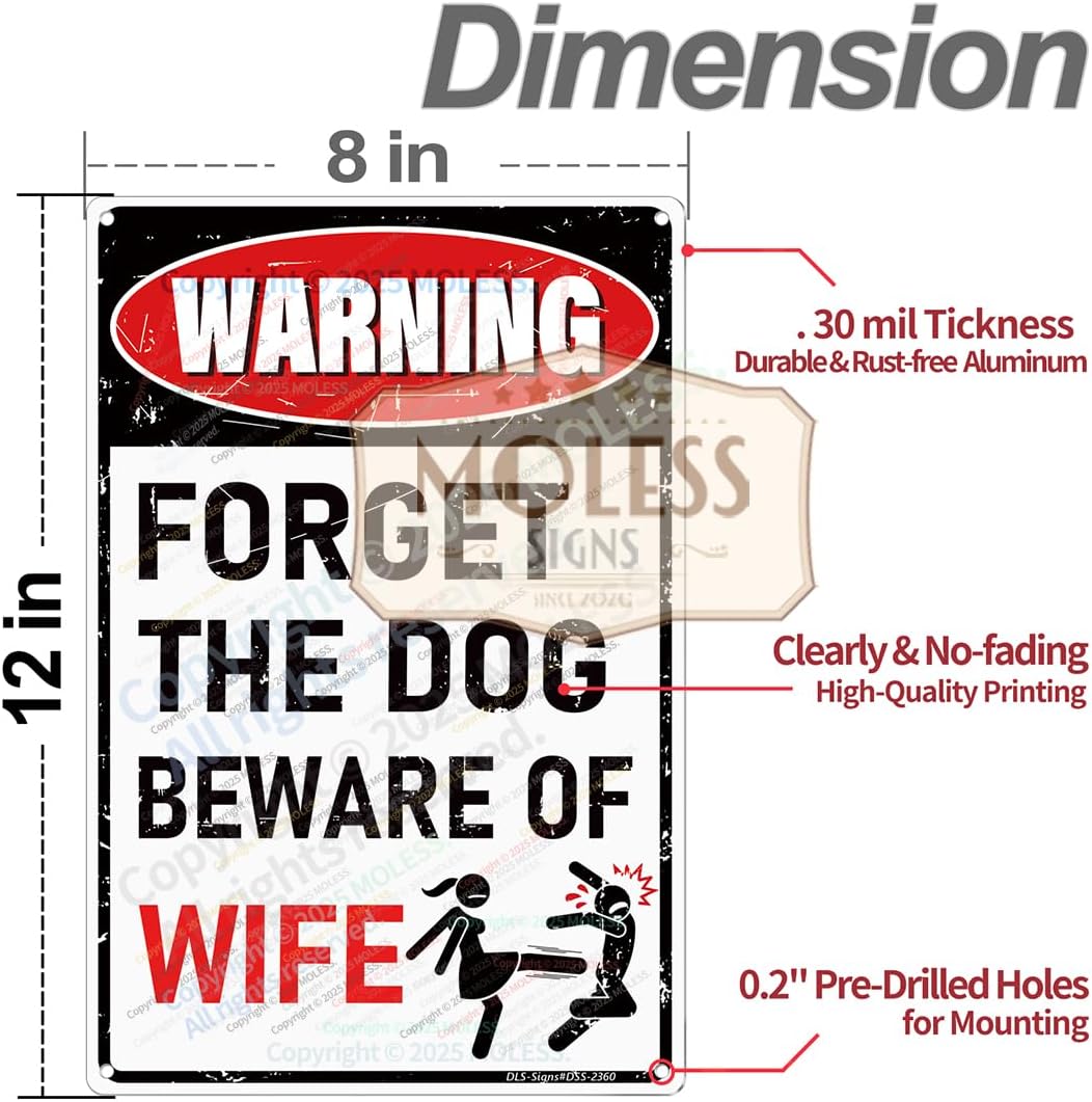'Forget the Dog – Beware of Wife!' Funny Man Cave Decor for Men | 12x8″ Durable Vintage Metal Man Cave Signs Wall Decorations for Basement/Garage/Mancave, 2360