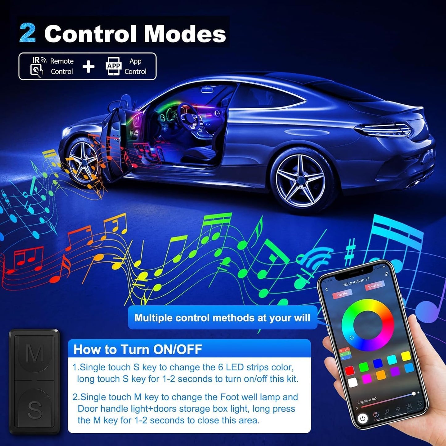Dreamcolor Acrylic Interior Car LED Strip Light with Wireless APP, RGB 18 in 1 with 175 inches 600 LEDs Fiber Optic Car Ambient Lighting Kits, Dual Zone Sound Active Function LED Strip for Car
