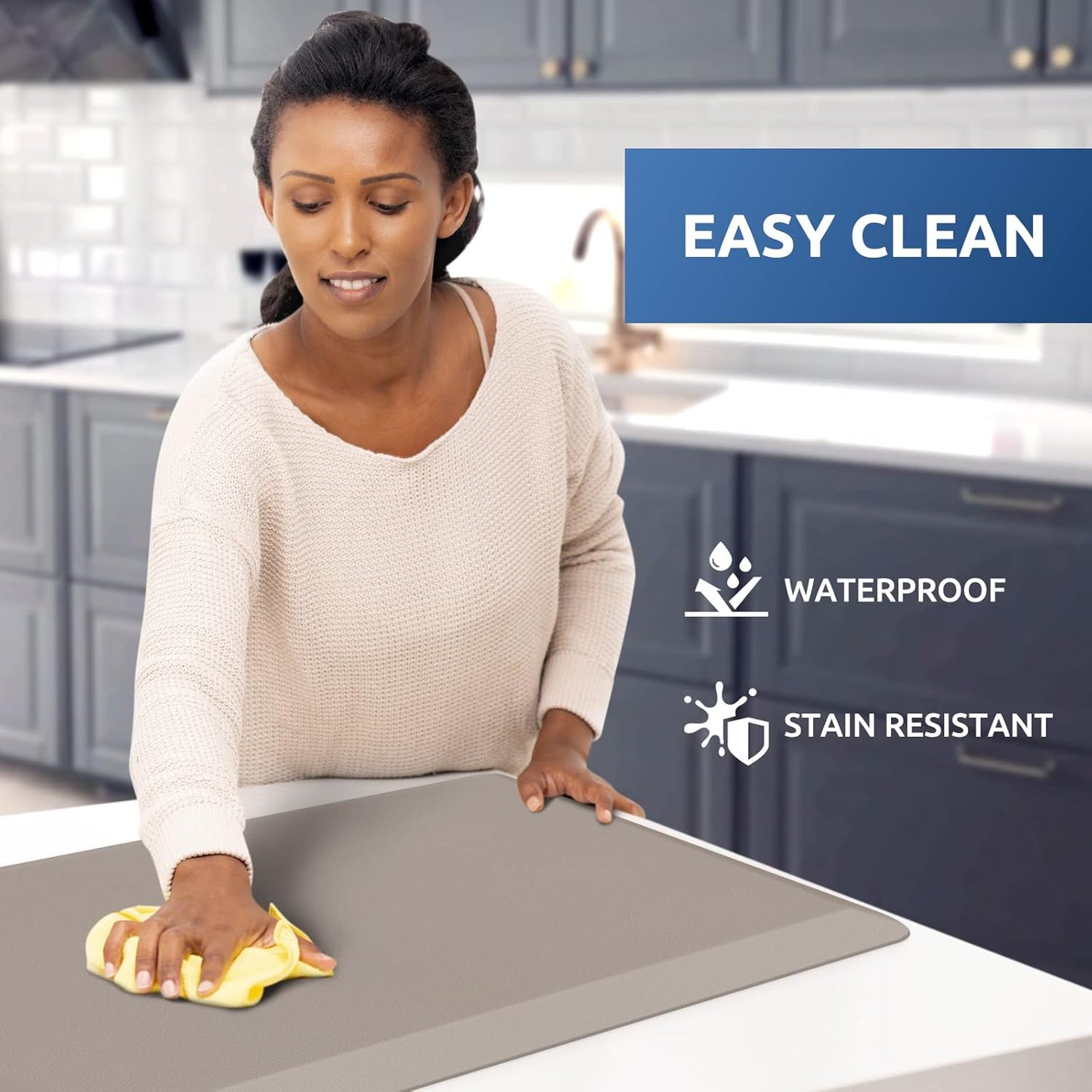 KitchenClouds Kitchen Mat Cushioned Anti Fatigue Rug 17.3"x28" Waterproof Non Slip Standing Desk Mat Comfort Floor Mats for Kitchen House Sink Office (Khaki)