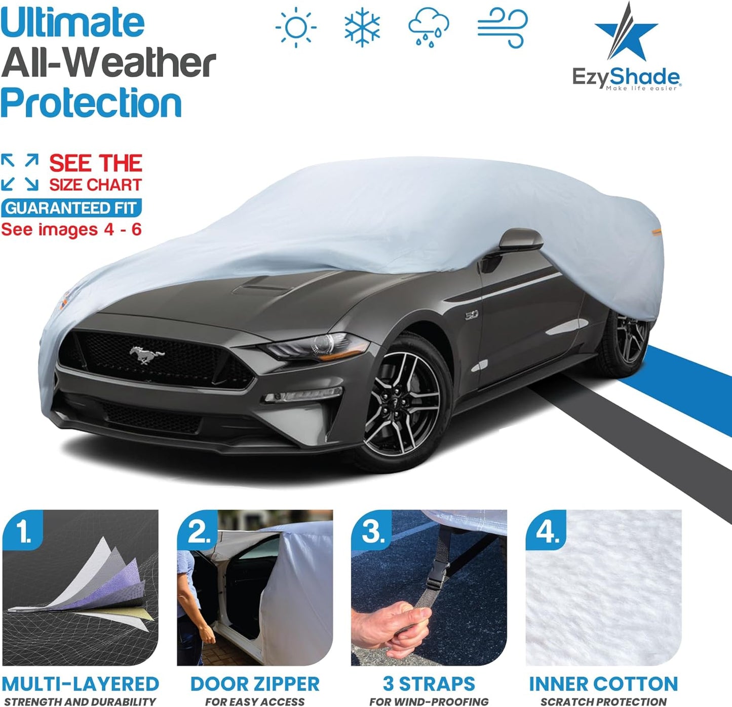 EzyShade 10-Layer Waterproof Sports Car Cover. See Vehicle Size-Chart for Accurate Fit. All Weather Full Outdoor Covers. Porsche Z4 370Z BRZ 86 TT Classic Cars Sun Snow Rain. Size C2 (See SizeChart)
