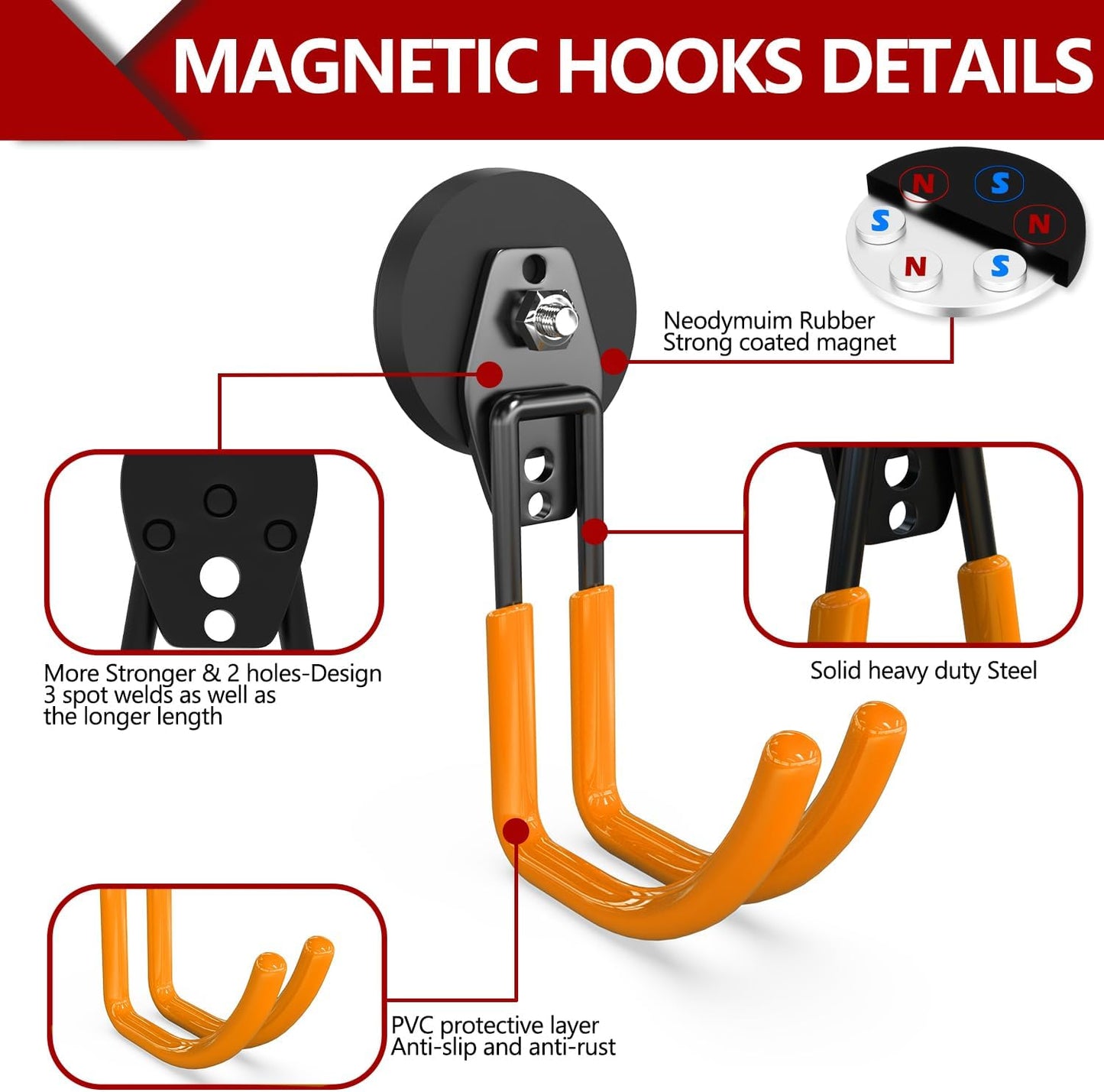 3-H Heavy Duty Magnet Garage Hooks 4 Pack, J Shape Strong Magnetic Hooks for Hanging Cordless Power Drill, Utility Magnetic Tool Holder for Metal Cabinet, Steel Pegboard, Toolbox, Garage(Orange)