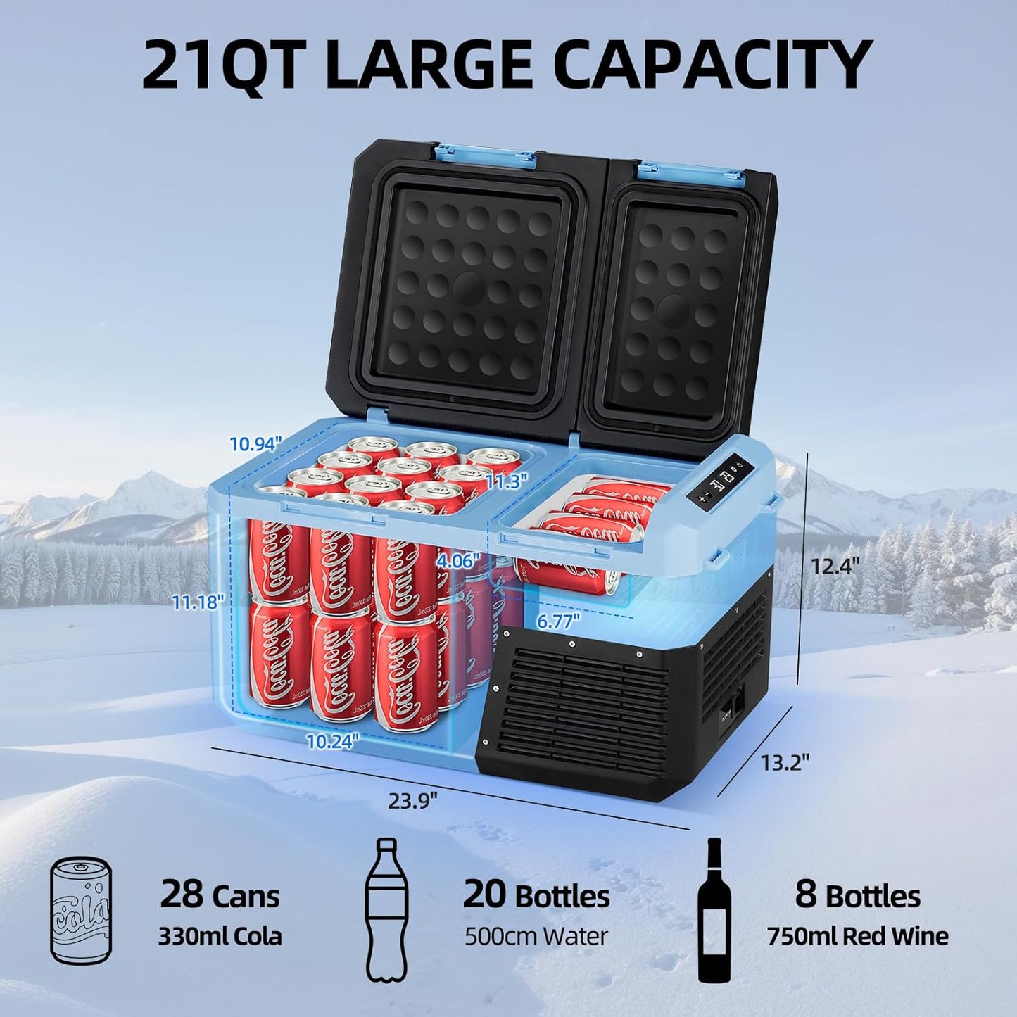 25L Car Refrigerator Freezer, 27QT Dual Zone Portable Compressor Cooler with Reversible Door, 100–240V AC / 12V / 24V DC Powered, Touchscreen Control, LED Light, -4℉ to 68℉, Ice Blue