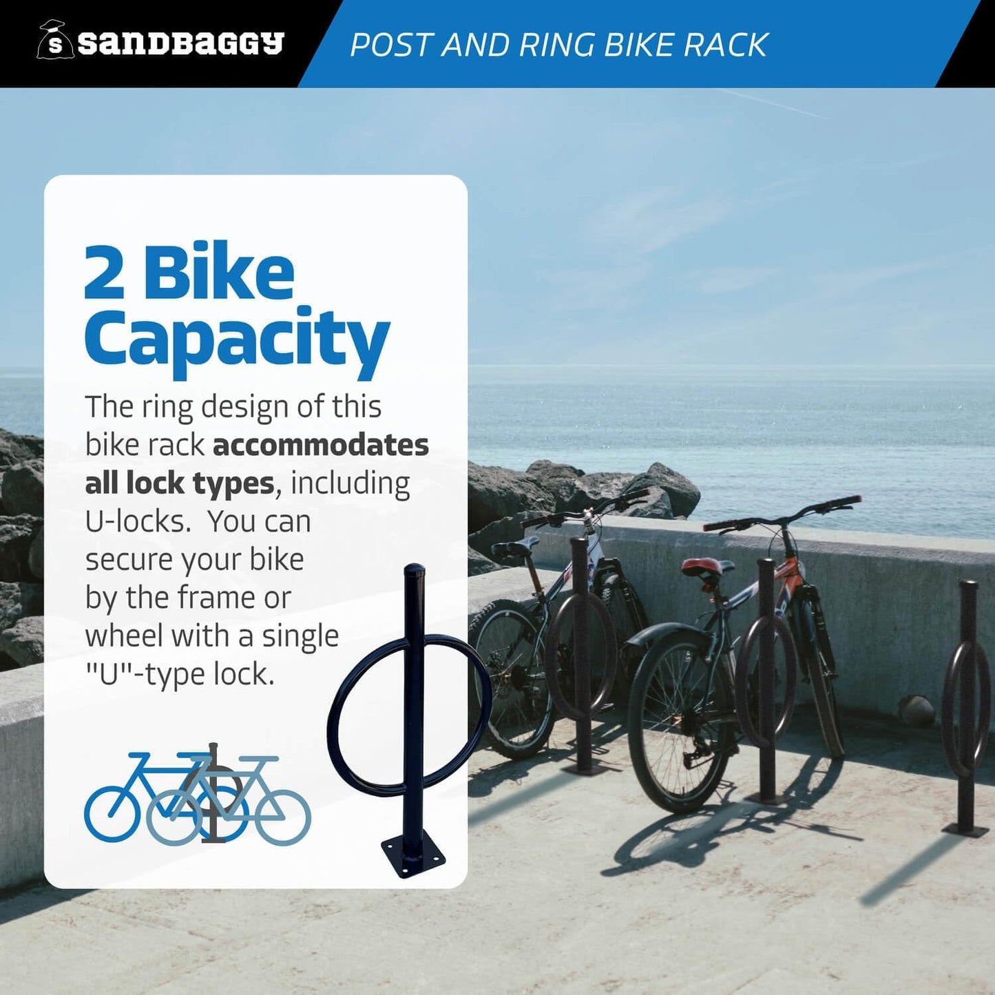 Sandbaggy Post and Ring Bike Rack - Commercial Bike Racks - Galvanized Steel - Anti-Theft Design - In Ground, Apartments, Sidewalks, Industrial (White, 1)