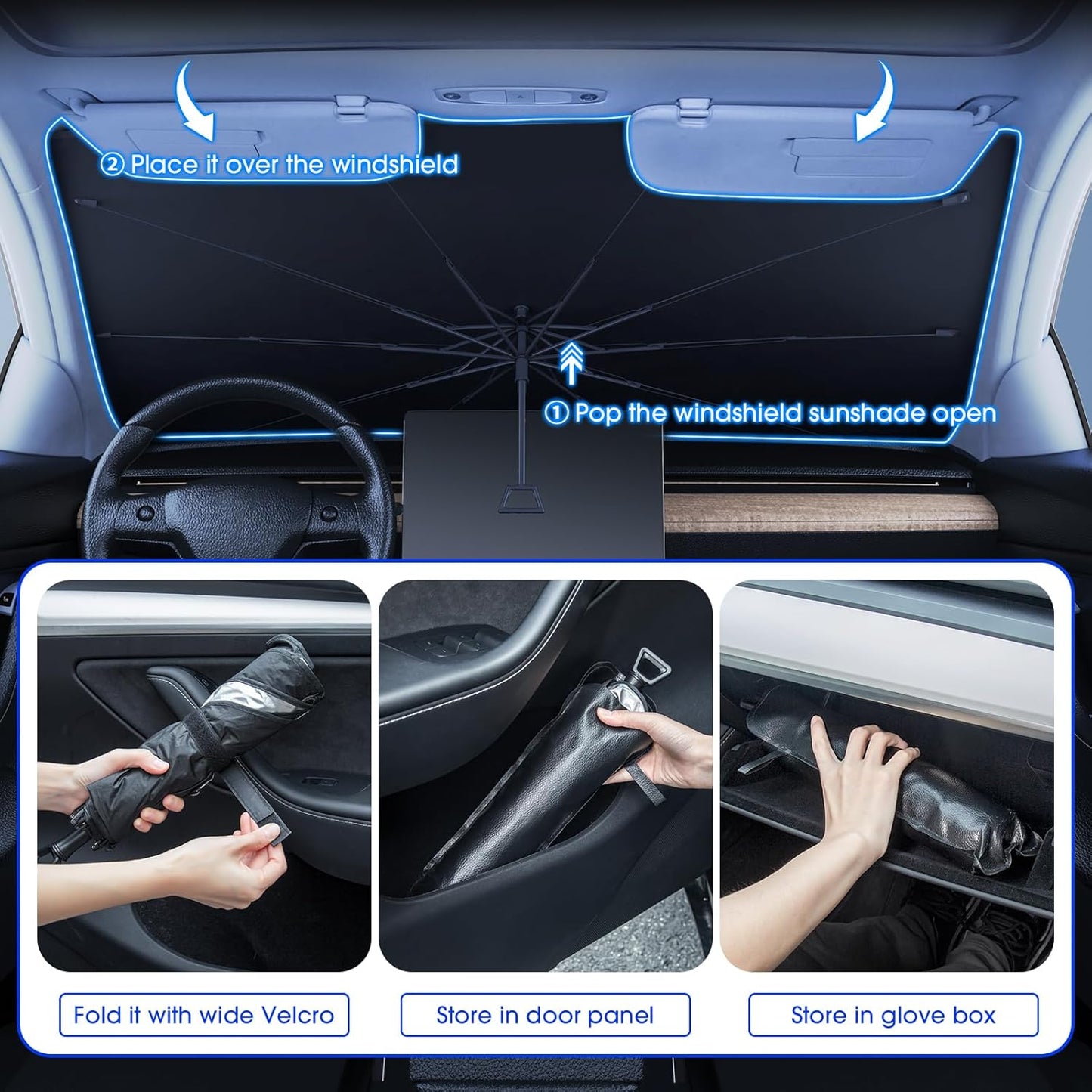 helloleiboo Foldable Car Windshield Sun Shade Umbrella 360°Rotating 55"x30"Sunshade for Car Windshield Front Window Reflective Polyester Blocks Heat Automotive Interior Sun Protection for Cars Trucks