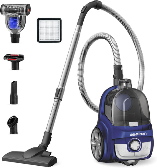 Aspiron Canister Vacuum, Upgraded 1600W Bagless Canister Vacuum Cleaner, Auto Cord Rewind, H13 HEPA Filter, 3.7Qt Large Capacity, 5 Tools for Hard Floors, Carpet, Pet, Upholstery, Tiles, Car, White