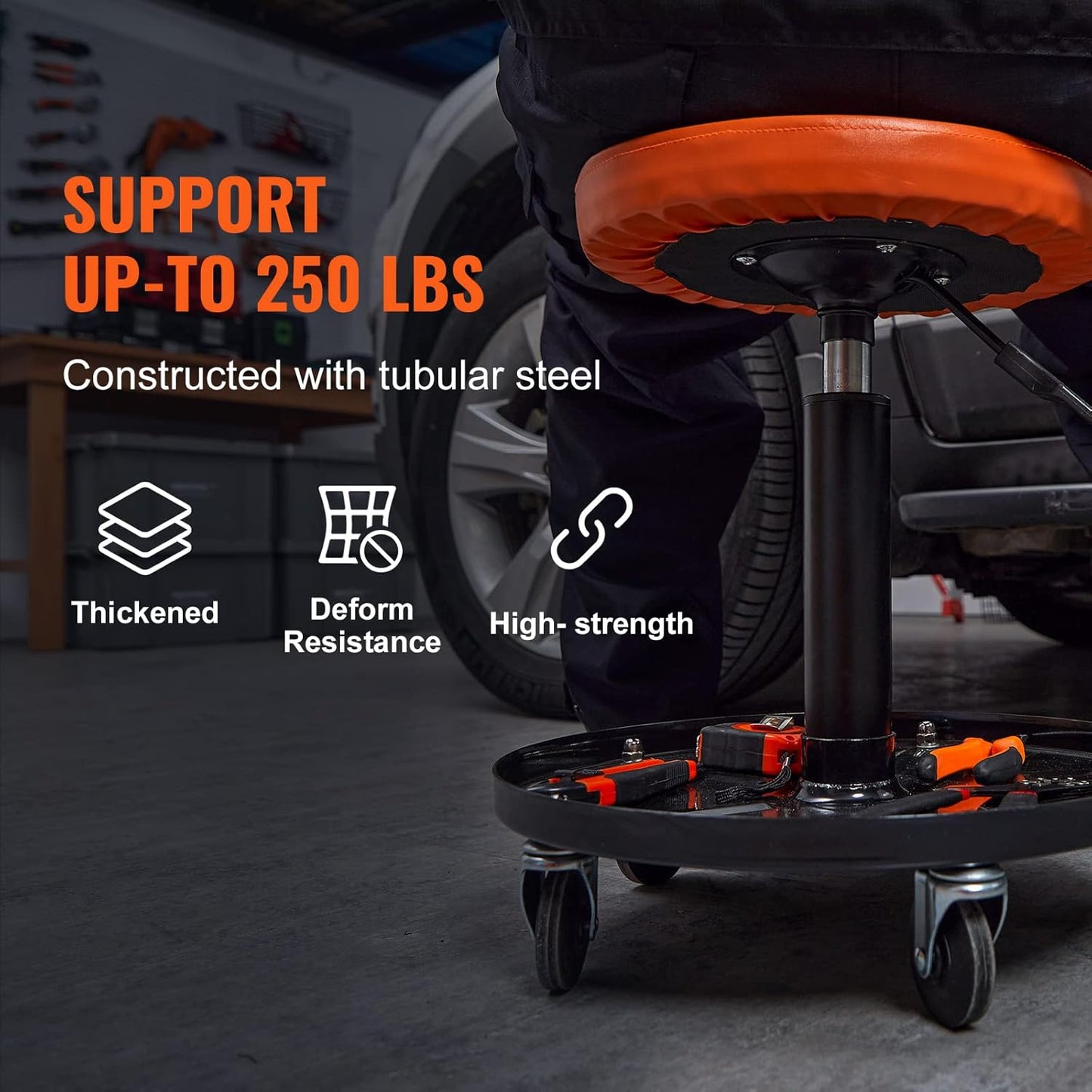 VEVOR Mechanic Stool, 250 LBS Rolling Pneumatic Creeper Garage/Shop Seat, Adjustable Height 16-22 inch in Padded Rolling Workshop Stool with Tool Tray, for Garage, Shop, Auto Repair, Black+Orange