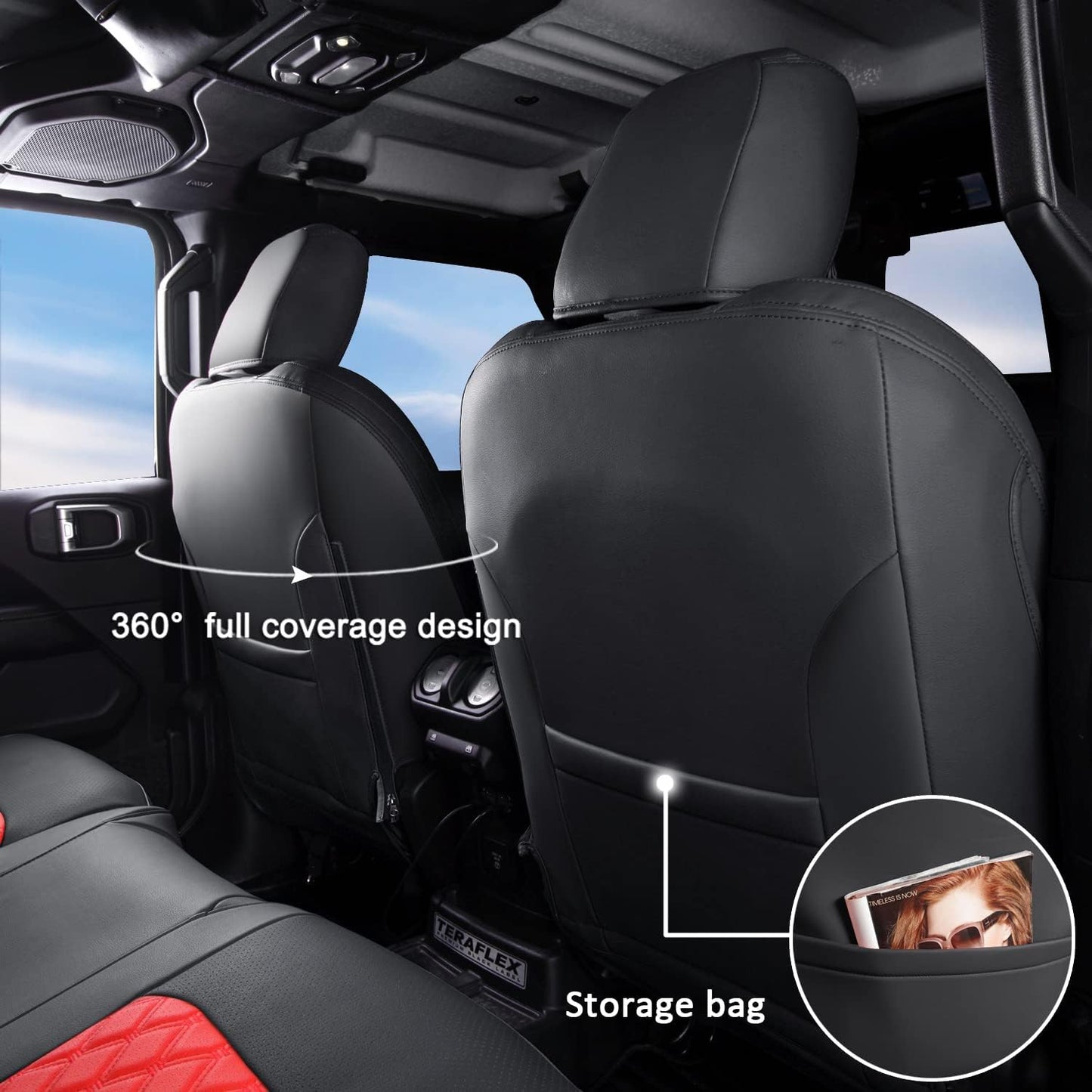 GIANT PANDA Fit Full Set Car Seat Covers for Jeep Wrangler 4 Door JL Sahara Altitude Rubicon 392 Unlimited 2018 2019 2020 2021 2022 2023 2024 2025 with Rear Cup Holder,Faux Leather - (Black+Red)
