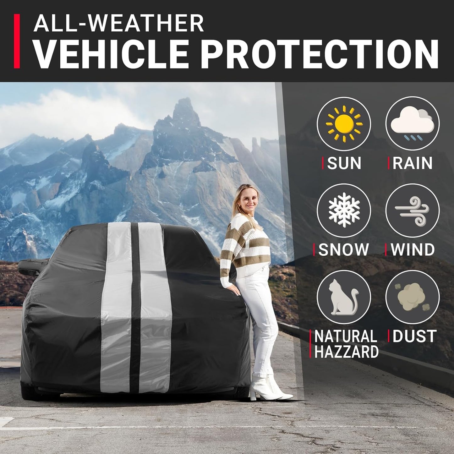 iCarCover Custom Car Cover for Pontiac G6 (2005-2010) Waterproof All-Weather Rain Snow UV Sun Protector Full Exterior Indoor Outdoor Car Cover (Stripe - Black/Gray)