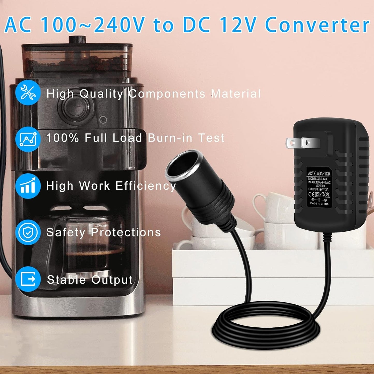 inShareplus 12V 3A 36W AC to DC Converter - Car Lighter Adapter to Wall Outlet Adapter - 12V Power Supply for Car Devices (MP3, Fan, Dash Cam)