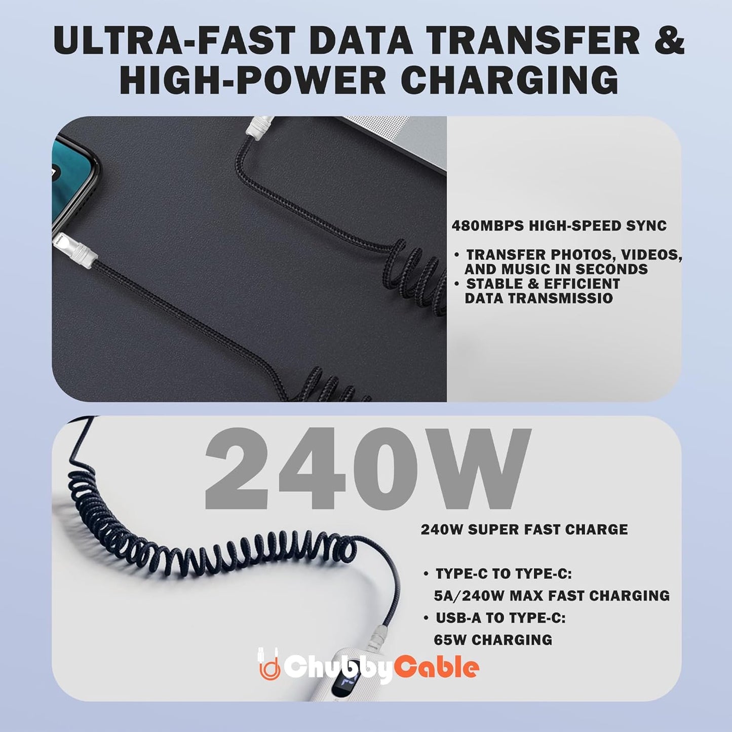 chubbycable Curly Chubby - Retractable Fast Charging Cable 240W Coiled Charger Cord for Car Durable USB-C Cable for Phones, Tablets and More, White, Type-C to Type-C, 1.3FT-2.3FT