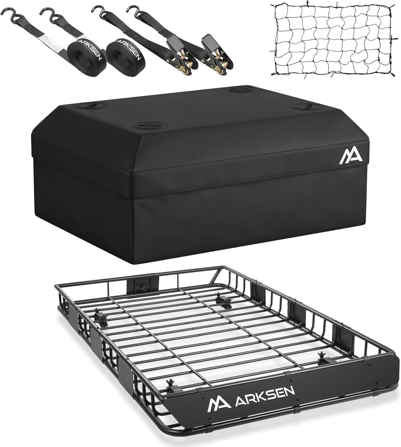 ARKSEN 64 x 39 x 5 Inch Universal Roof Rack with Waterproof Bag, Cargo Net & 2 Ratchet Straps - Upgrade 150Lbs Capacity Heavy Duty Rooftop Cargo Carrier with Extension for Car, SUV & Pickup