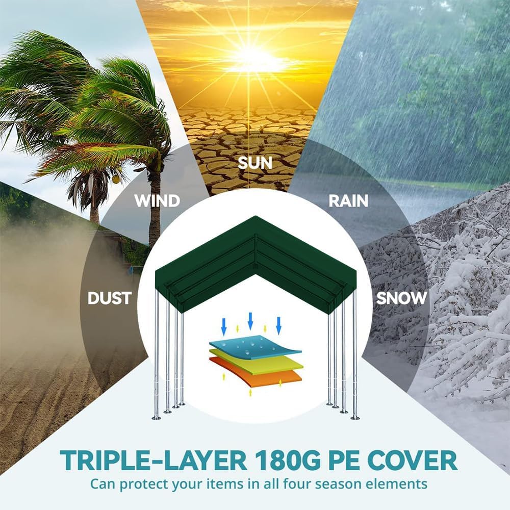 12'x20' Upgraded Carport Replacement Top Canopy Cover for Car Garage Shelter Tent Party Tent with Ball Bungees Green (Only Top Cover, Frame is not Included)