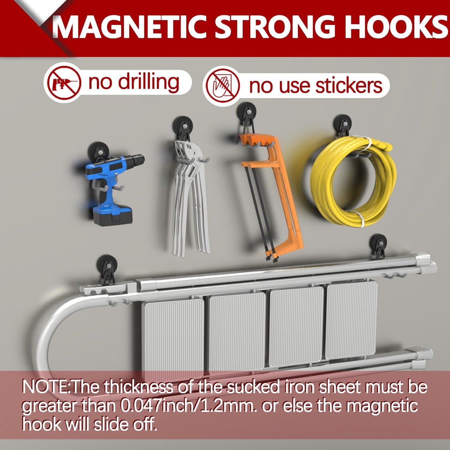 3-H Heavy Duty Magnet Garage Hooks 4 Pack, Extra Large Strong Magnetic Hooks for Hanging Cordless Power Drill, Utility Magnetic Tool Holder for Metal Cabinet, Steel Pegboard, Toolbox, Garage(Grey)