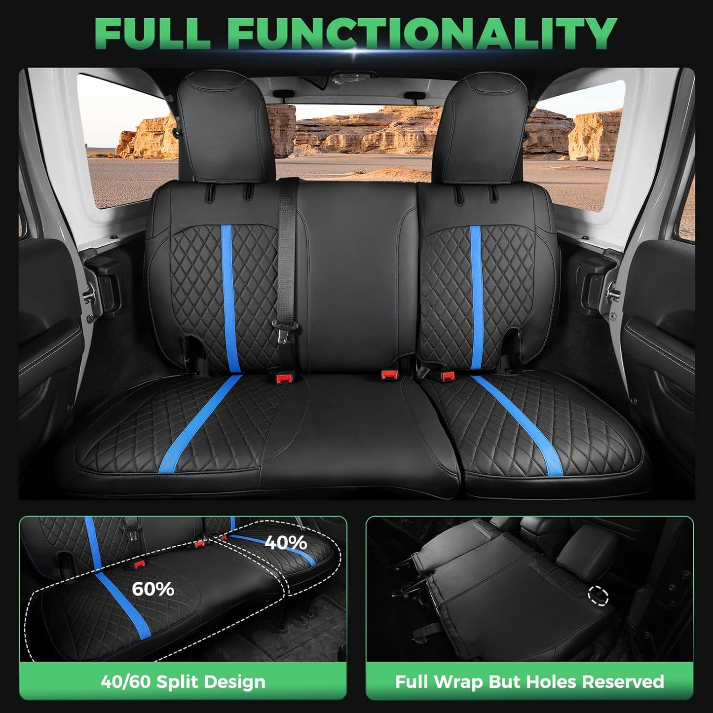 for Jeep Wrangler Seat Covers 4Door JK 2013 2014 2015 2016 2017, Custom Car Seat Cover Full Set, Luxury Leather Seat Protectors, Waterproof SUV Interior Cushions Accessories, Black Blue Trim