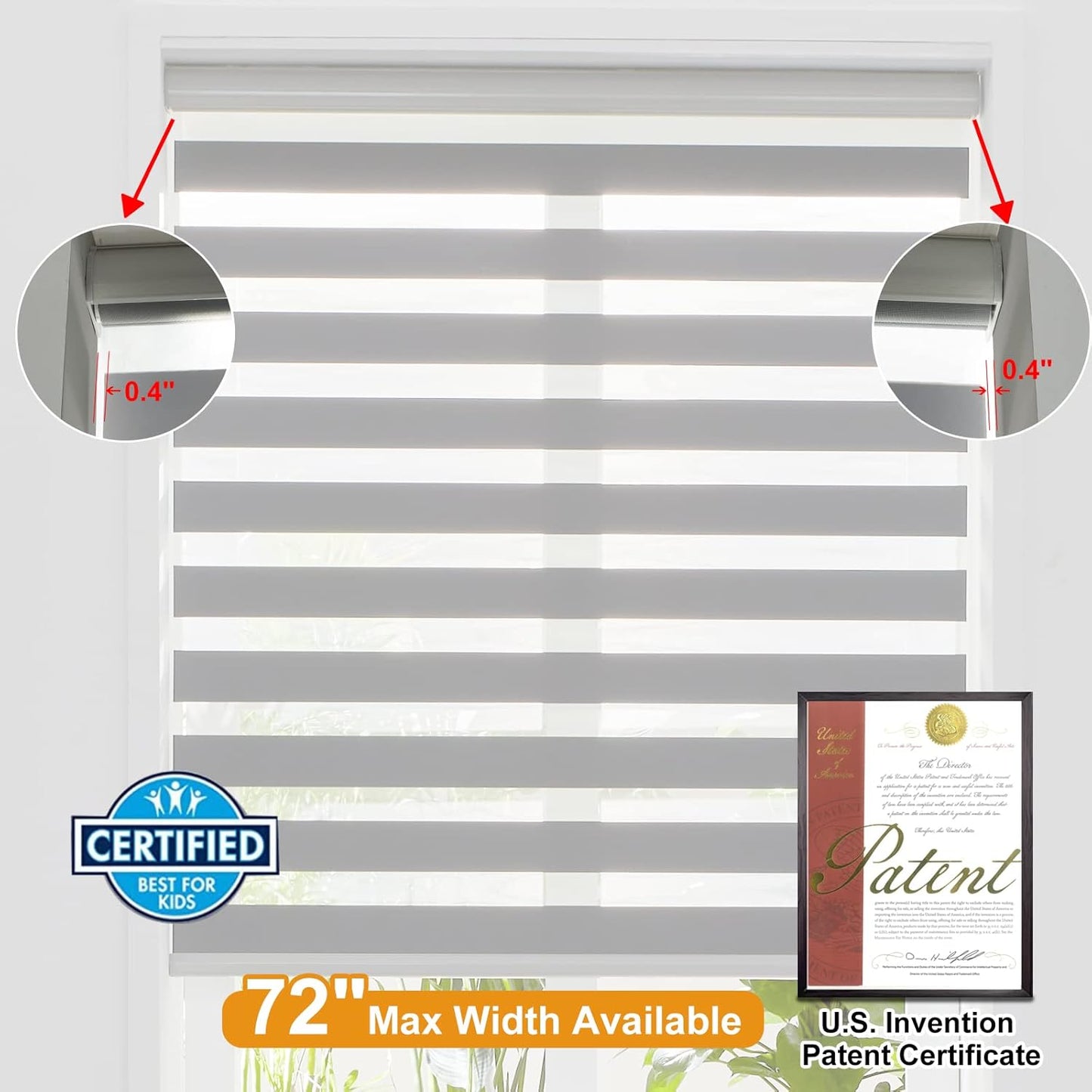 Persilux Cordless Zebra Blinds for Windows Free-Stop Roller Shades (71" W X 72" H, Grey) Dual Layer Light Cintrol for Day and Night, Light Filtering Sheer Shades for Home, Easy to Install