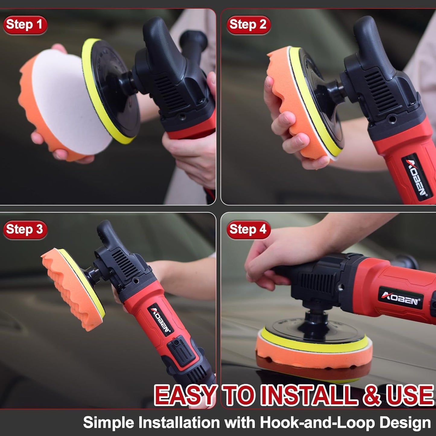 AOBEN 6/7 inch Buffer Polisher,Rotary Car Buffer,1600W Car Polisher Waxer Kit with 6 Variable Speed 1000-3500RPM & 4 Polishing Pads,Detachable Handle for Car Polishing and Waxing