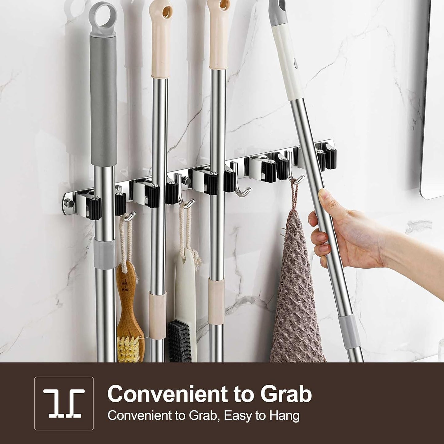 Broom Holder Wall Mount, Stainless Steel Broom Hanger Wall Mount, Heavy Duty Mop and Broom Holder Tool Racks Utility Hooks for Laundry Room Garden Garage, Grey (4 Racks and 5 Hooks)