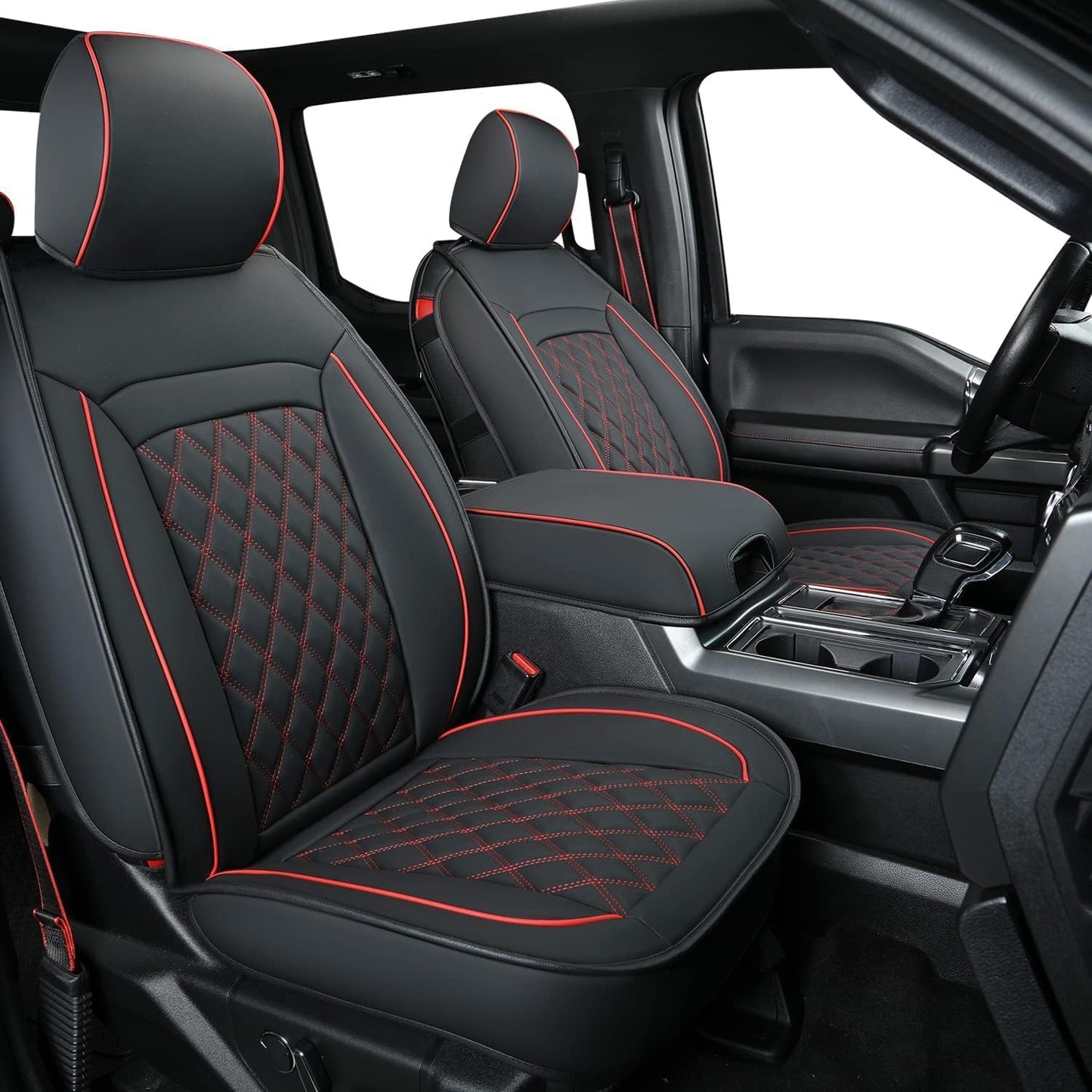 LUCKYMAN CLUB F150 Seat Covers Fit for 2010-2014 F150 SuperCrew with Waterproof Faux Leather(Full Set, Black&Red)