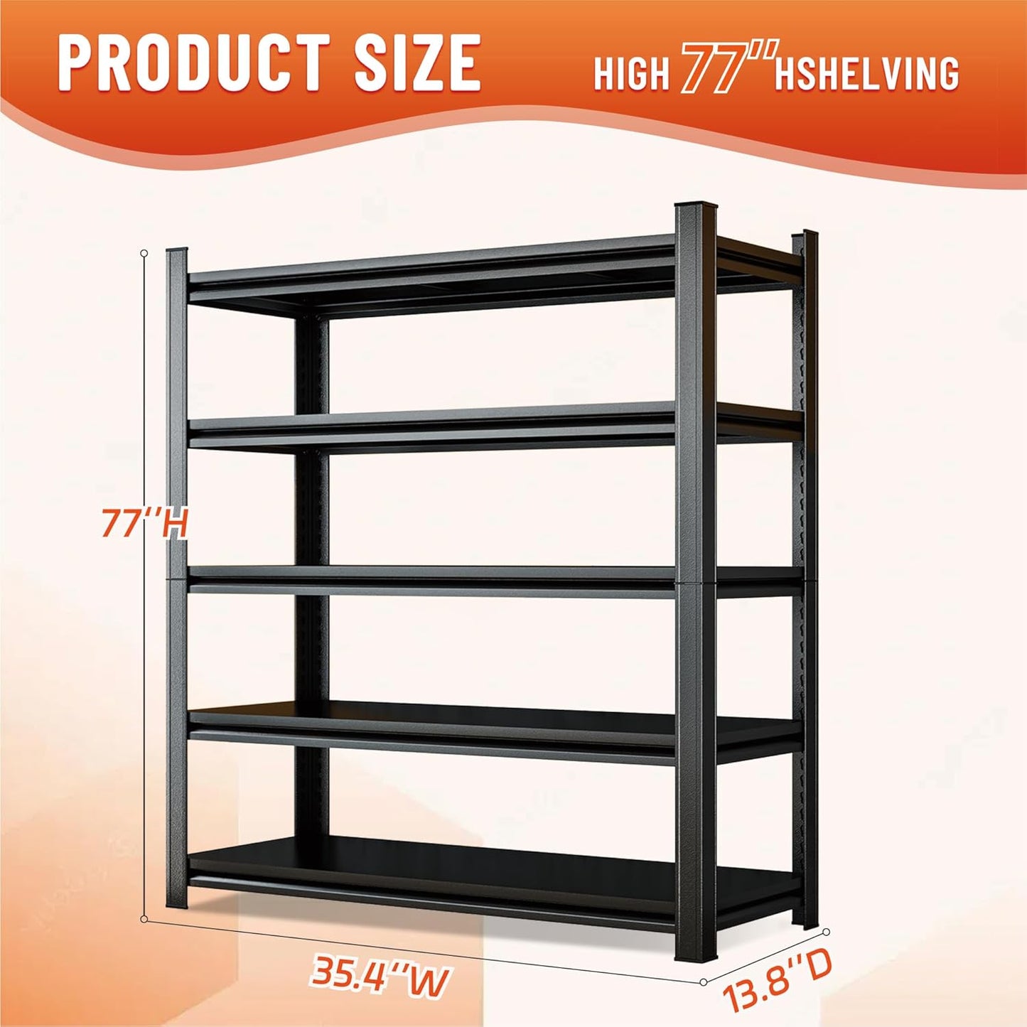Heavy Duty 5-Tier Shelving Unit 3000LBS Capacity - Adjustable Steel Garage Shelves for Warehouse, Basement Storage(77''H x 35.4''W x 13.8''D)