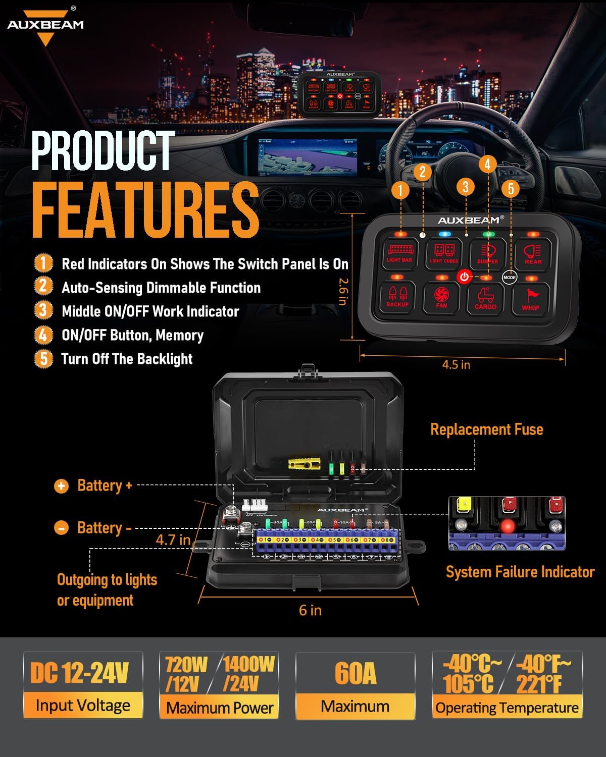 Auxbeam 8 Gang Switch Panel RA80 Toggle Momentary Pulsed RGB Dimmable Multifunction Switch Panel Easy Installation Marine Switch Pod IP65 Waterproof for Car Boat RV, 2 Years Warranty