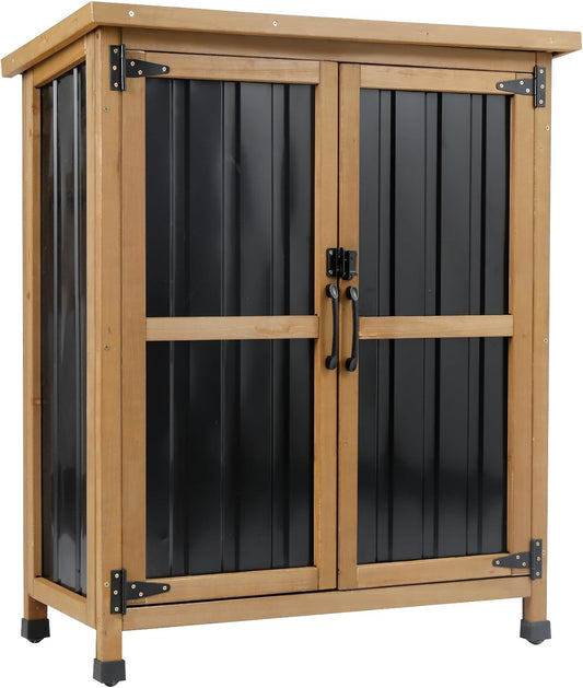 Outdoor Storage Cabinet Wood & Metal Small Storage Shed Waterproof Roof, Double Lockable Doors Garden Shed with Removable Shelves for Patio, Garden, Backyard, Lawn, 32" x 13" x 40" (Brown)